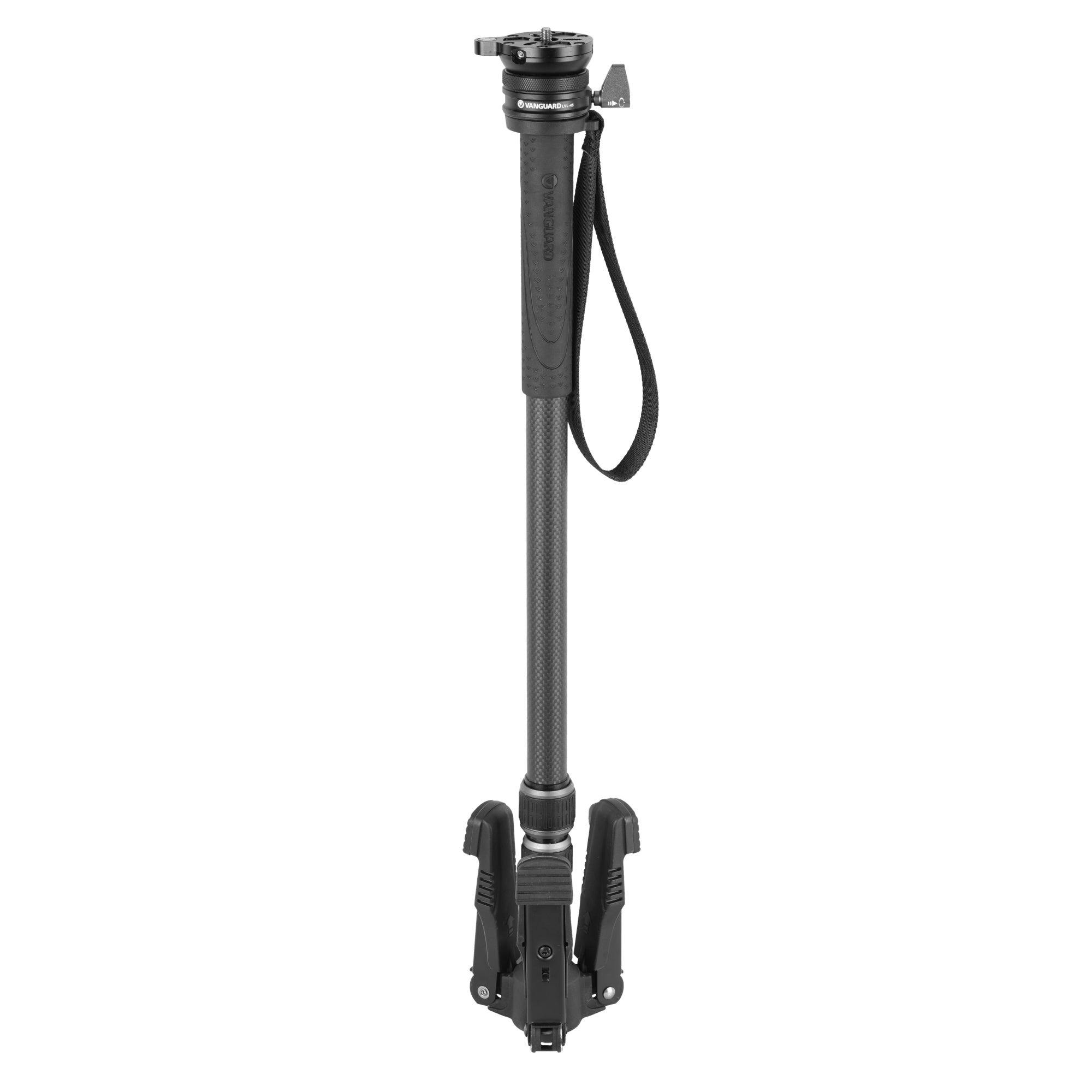 Un monopié negro con base de tres patas y montura para cámara arriba.