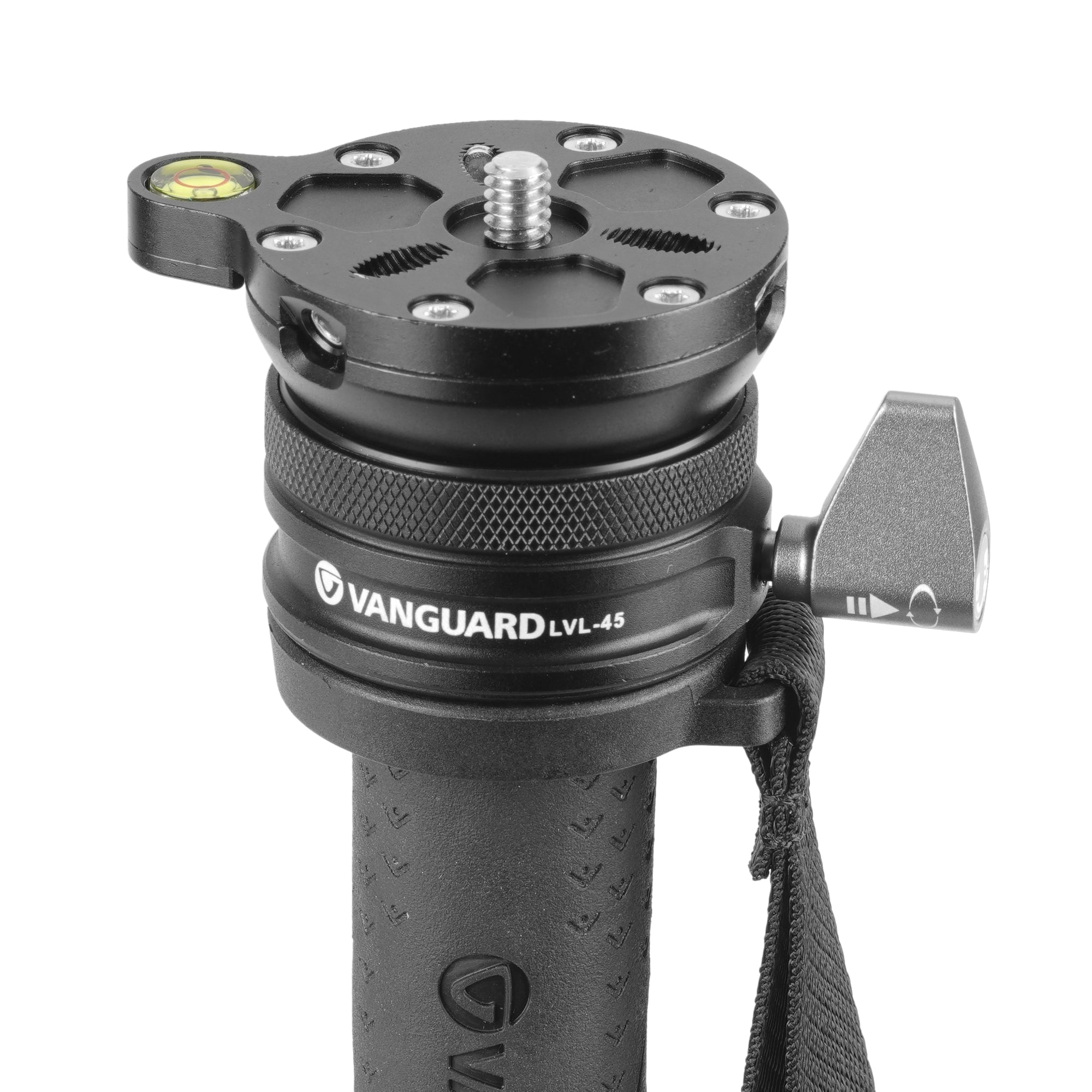 Primer plano de un cabezal de trípode Vanguard negro con burbuja de nivel y tornillo plateado.