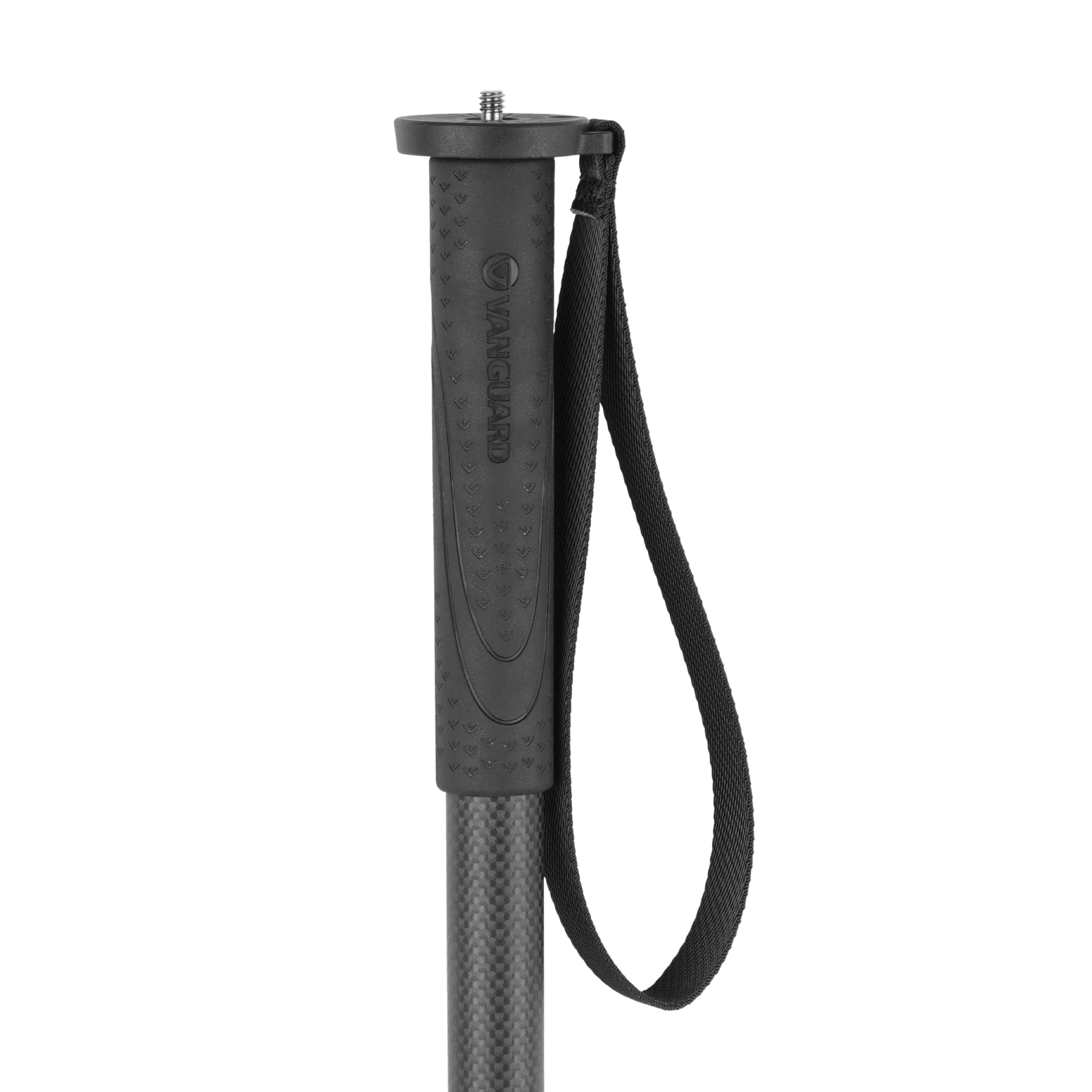 Monopié de fibra de carbono negro con agarre de goma y correa.