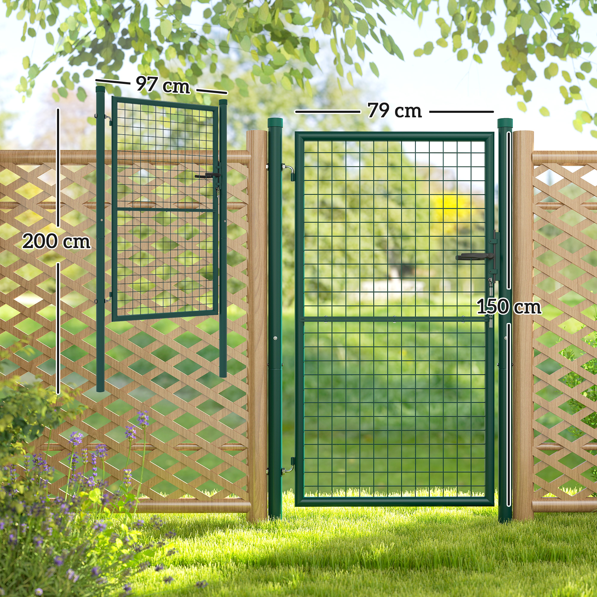 Cancello da giardino in rete verde con pali in legno e grigliato. Dimensioni indicate.