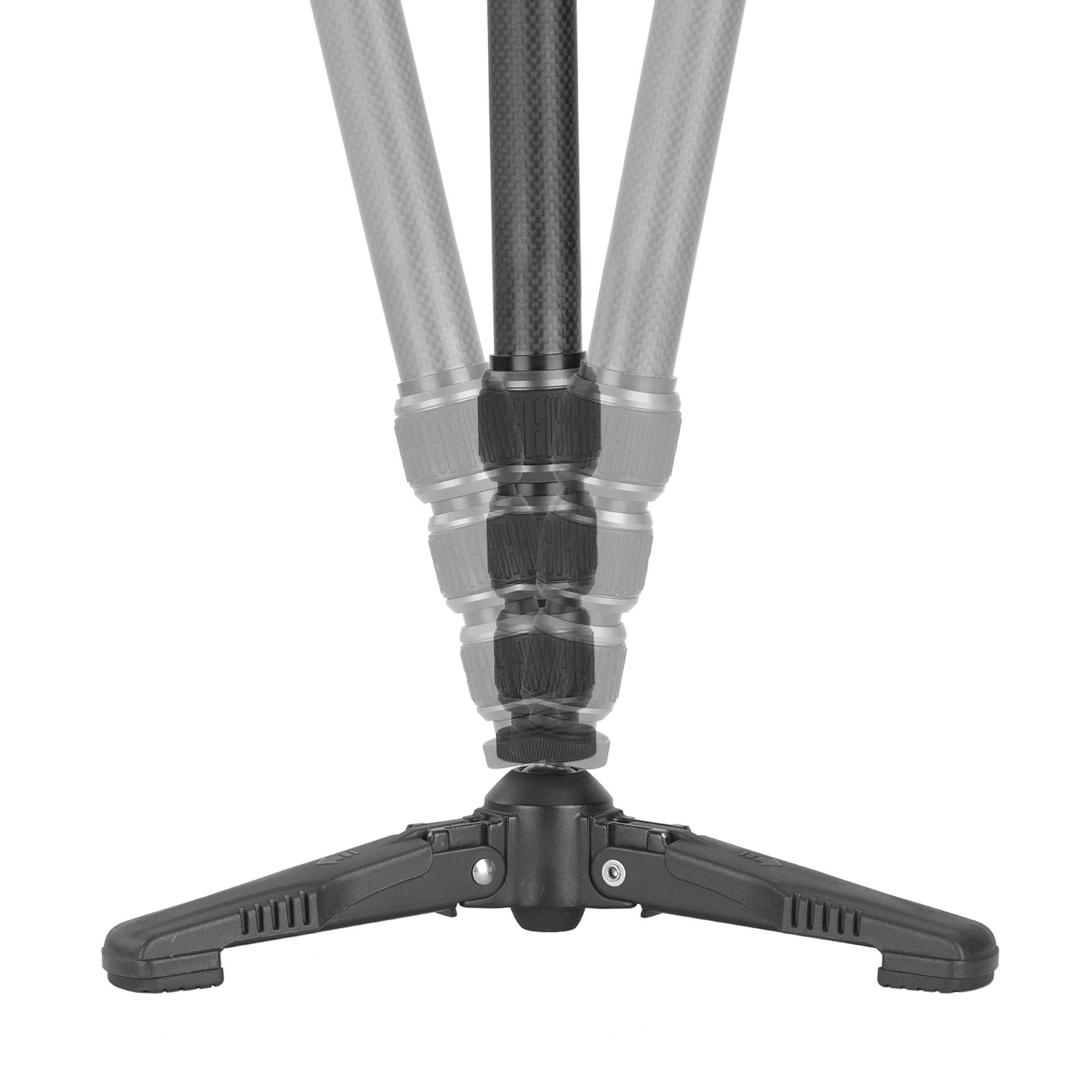 Vista inferior de un trípode de carbono negro y plateado con tres patas extensibles.