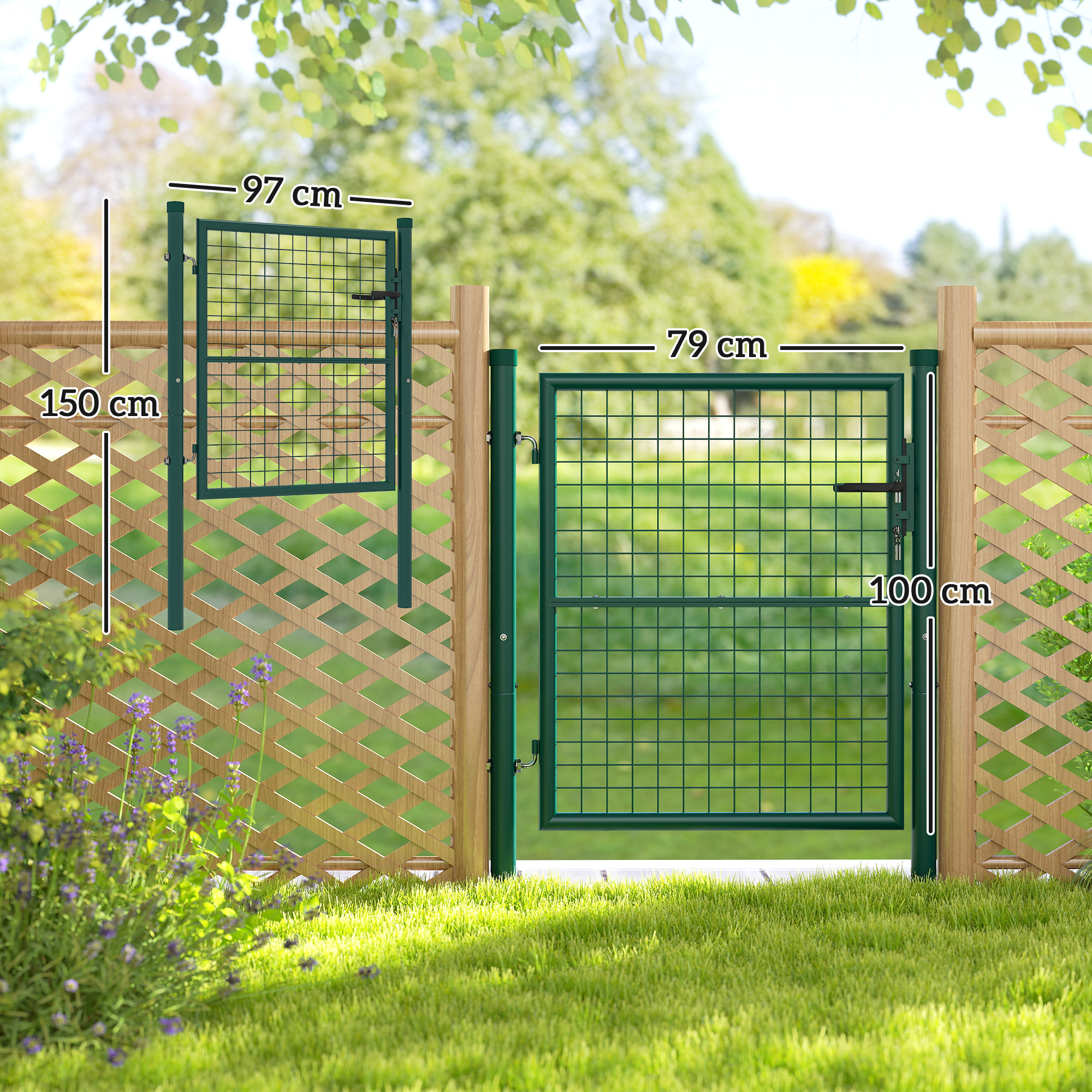 Due cancelli in metallo verde, uno 79x100 cm, l'altro 97x150 cm, davanti a una recinzione in legno.