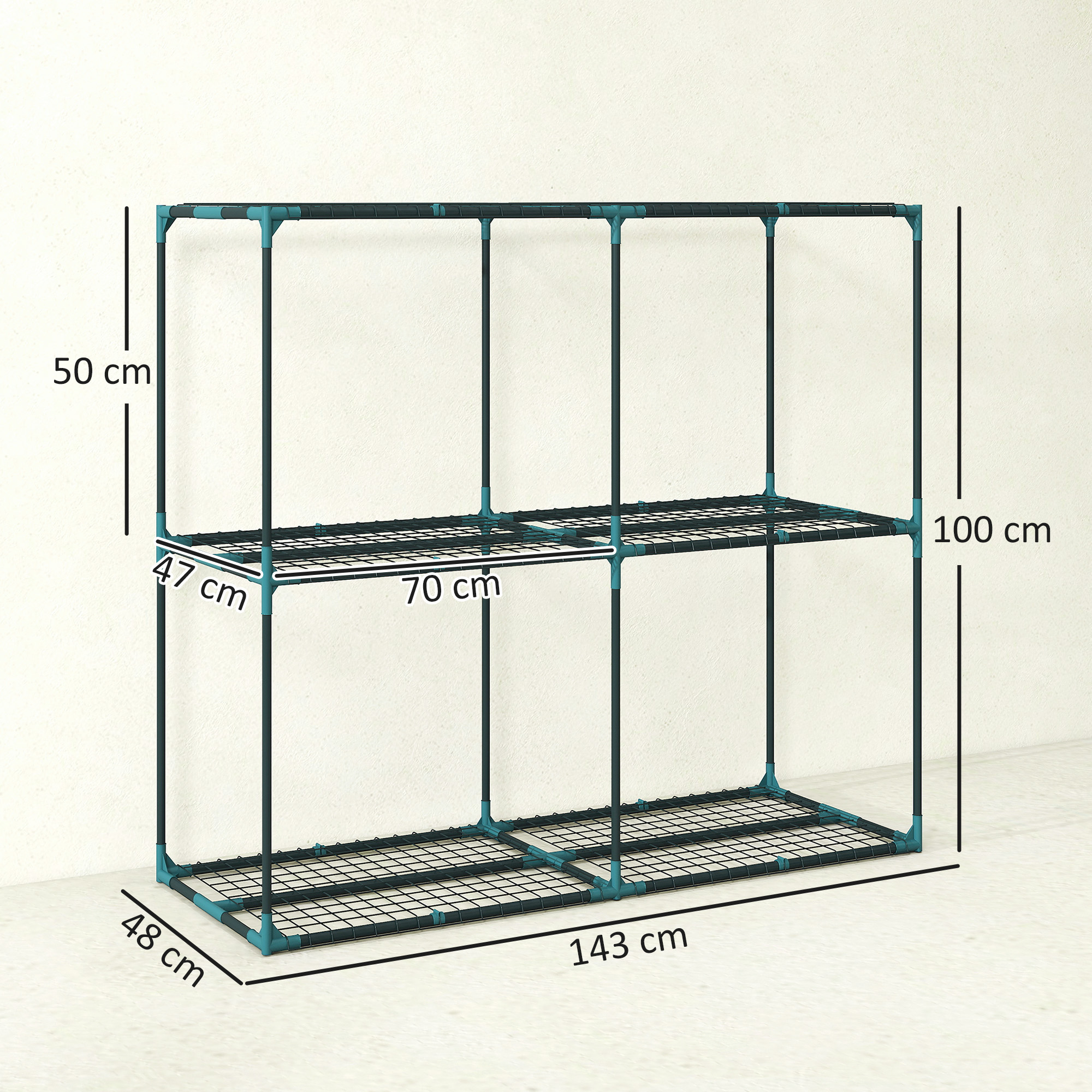 Una scaffalatura in metallo scuro con connettori color petrolio. Dimensioni mostrate.