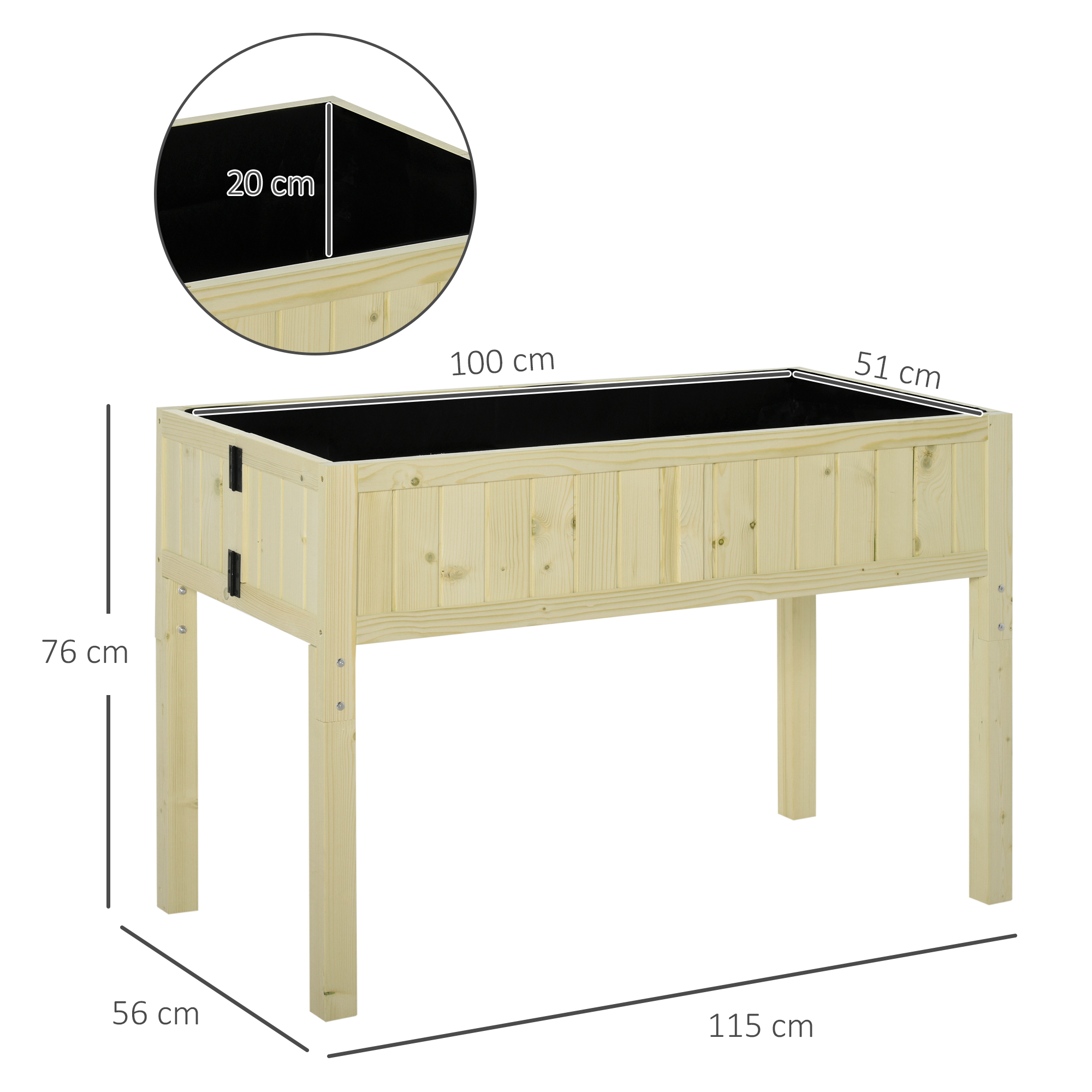 Fioriera rialzata in legno con rivestimento nero e dimensioni.