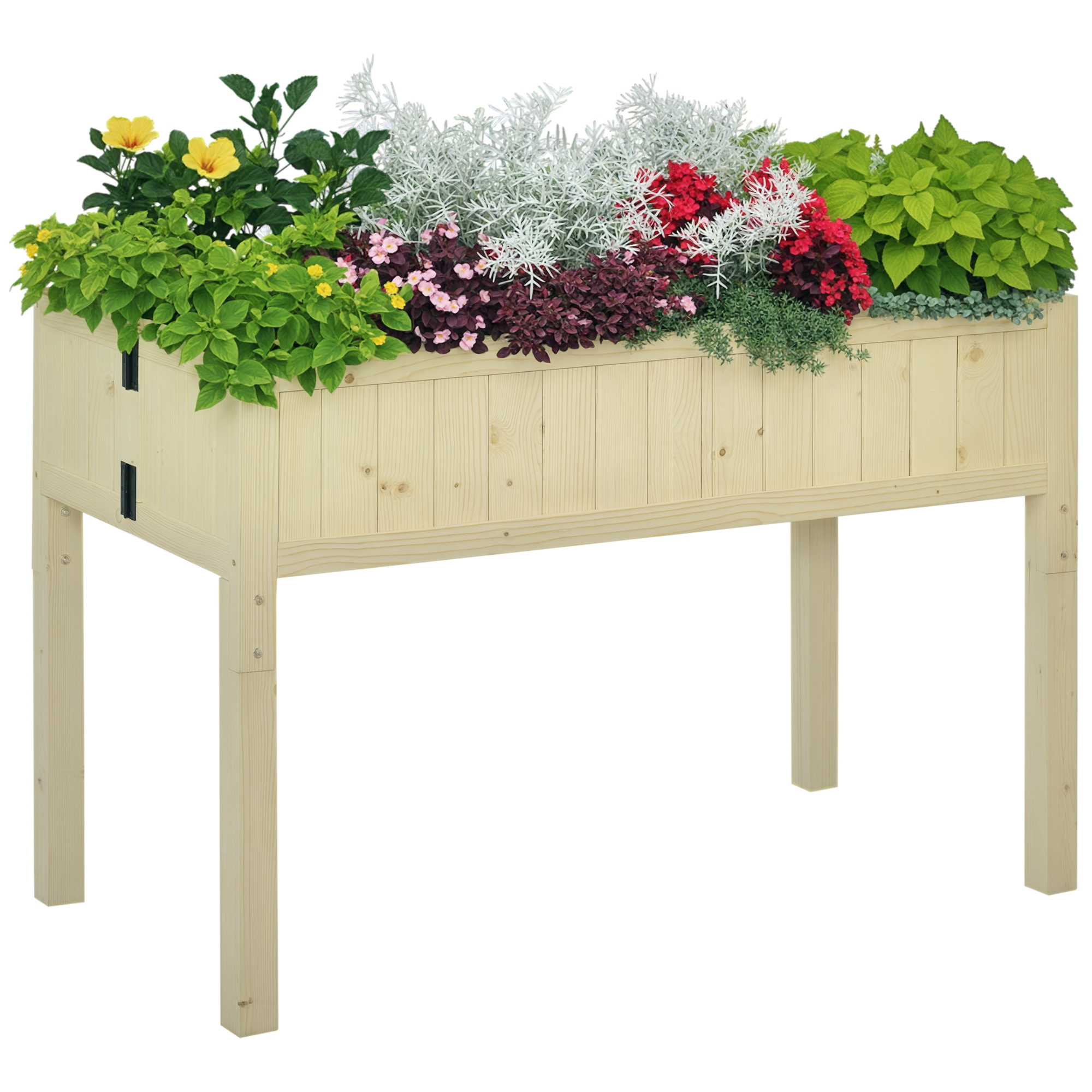 Una fioriera rialzata in legno con fiori e piante colorate su bianco.