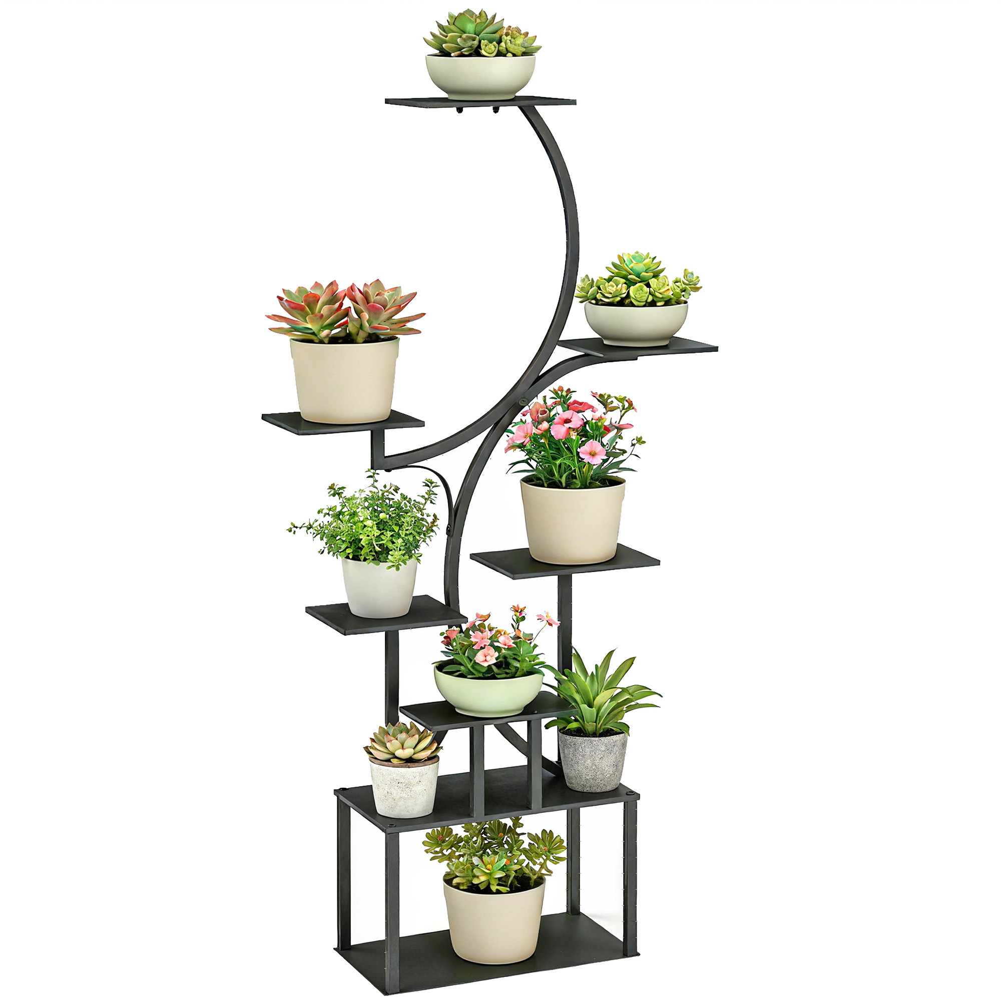 Una rastrelliera nera a più livelli che contiene varie succulente e fiori.