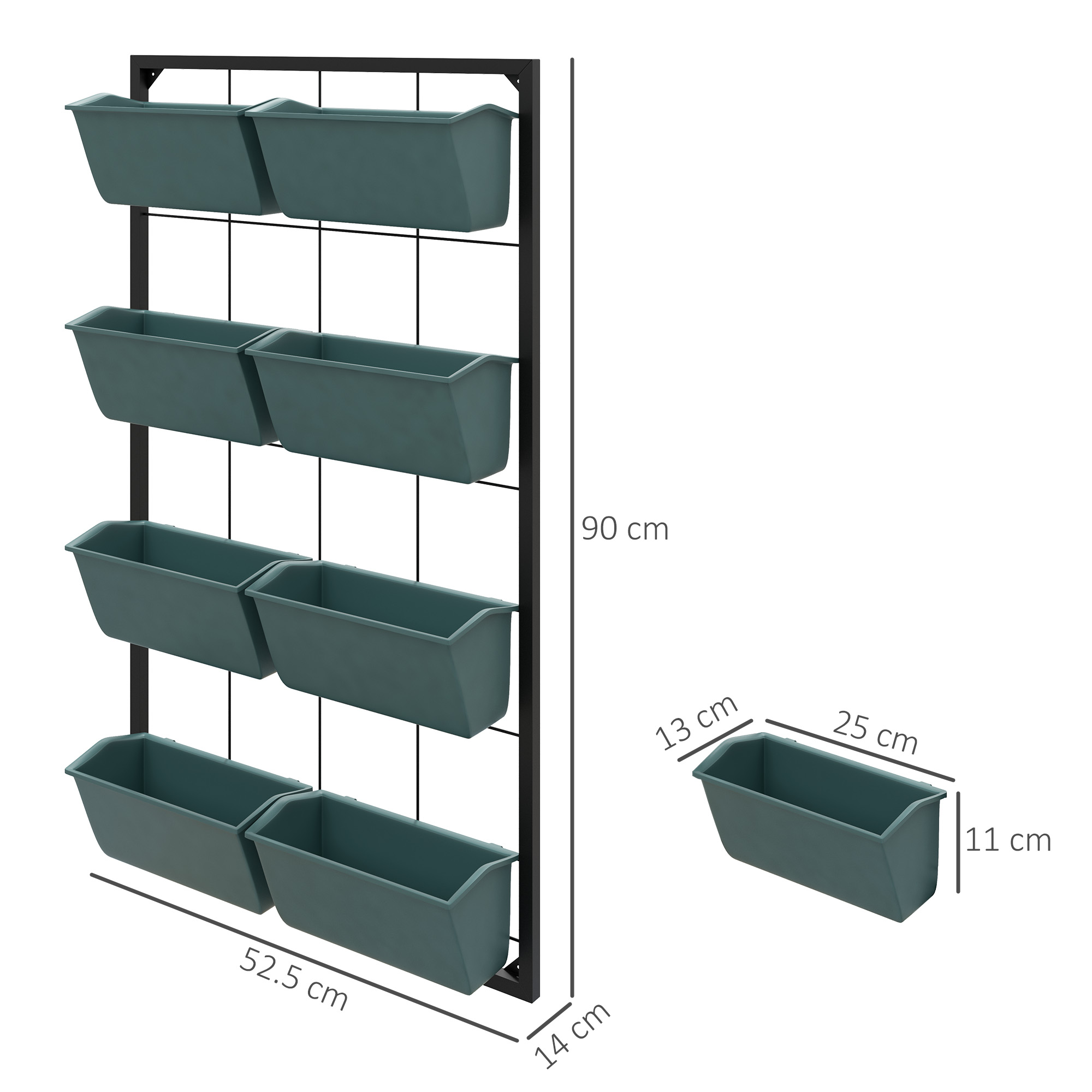 Fioriera verticale con 8 contenitori verde scuro su telaio a griglia nero. Dimensioni.