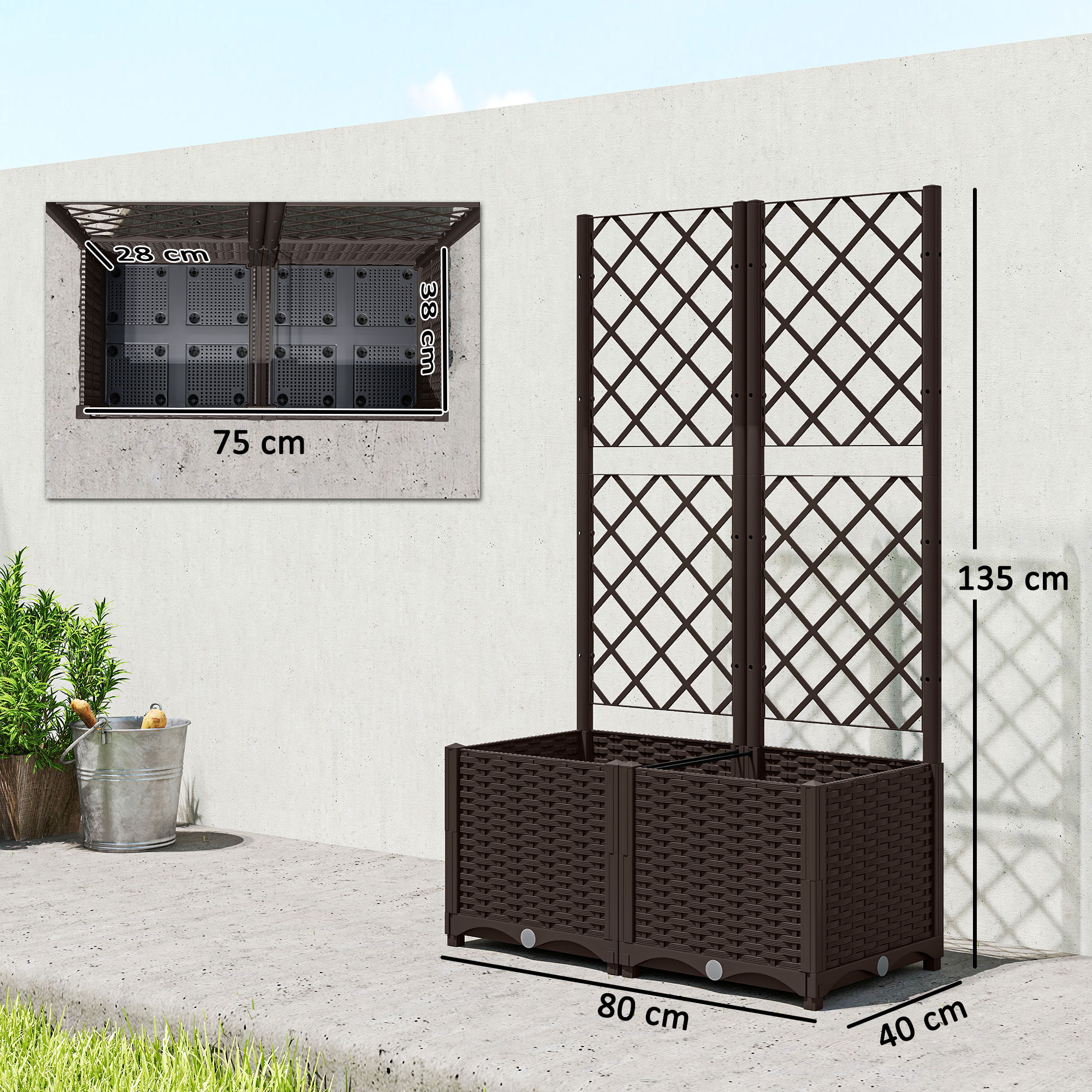 Fioriere rialzate marroni con traliccio, dimensioni 80x40x135cm, secchio accanto.