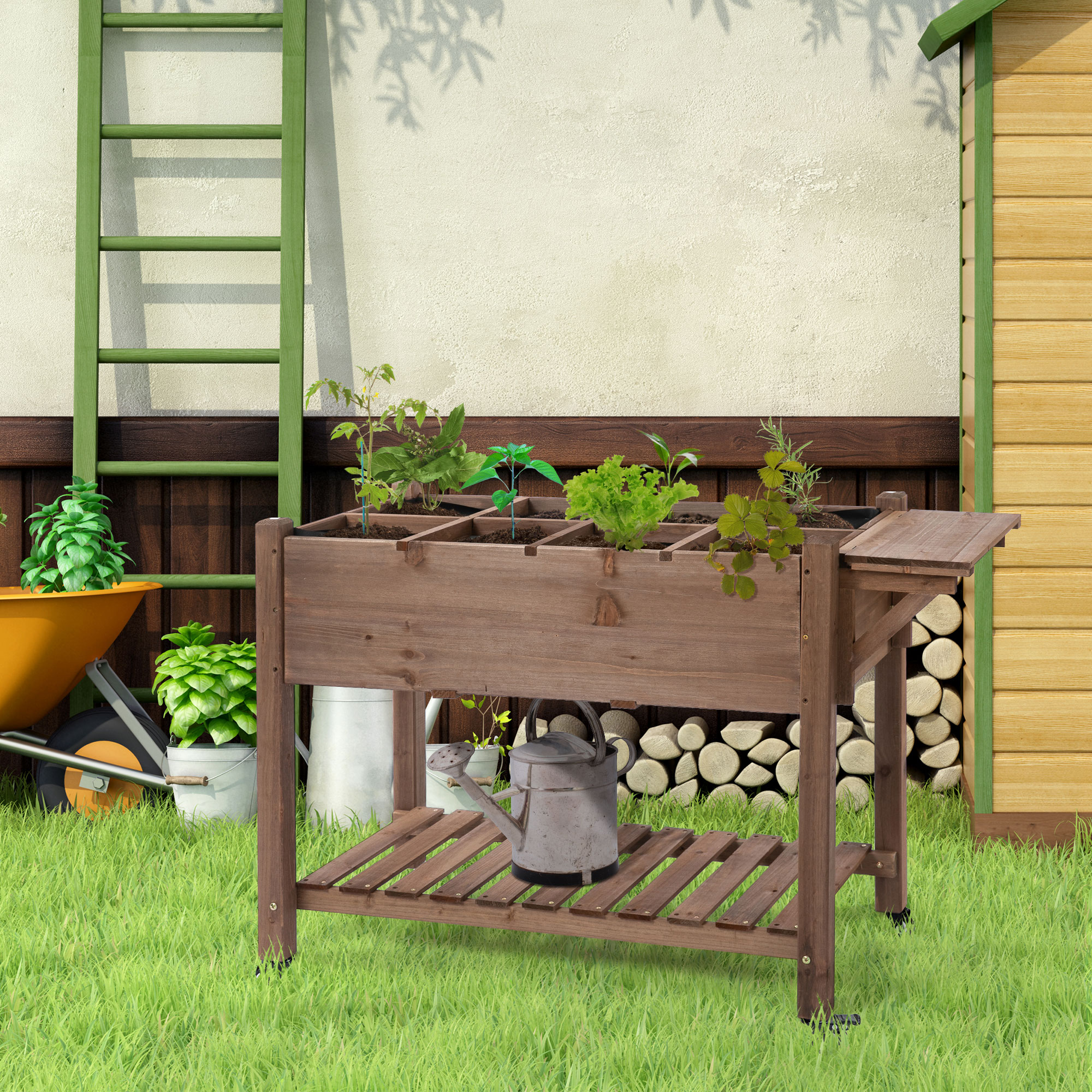 Un tavolo da giardino in legno rialzato con piante, una scala, una carriola e un capanno.