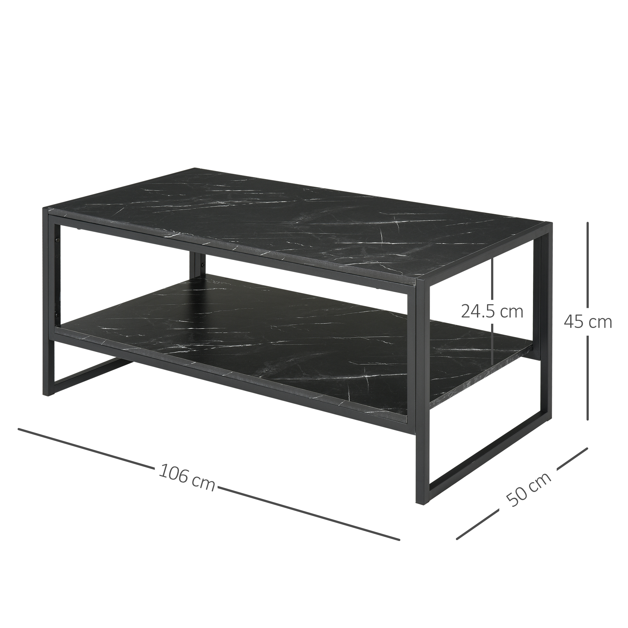 Tavolino nero effetto marmo a due livelli, misure 106x50x45 cm.