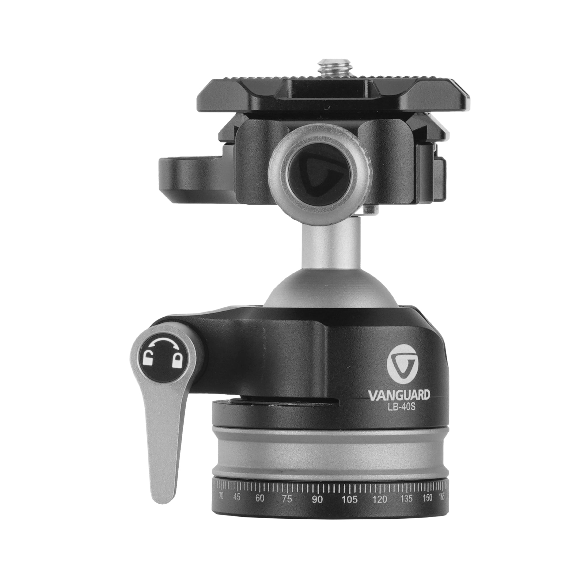 Soporte de trípode de rótula Vanguard LB-40S negro con detalles plateados y marcas de grados.
