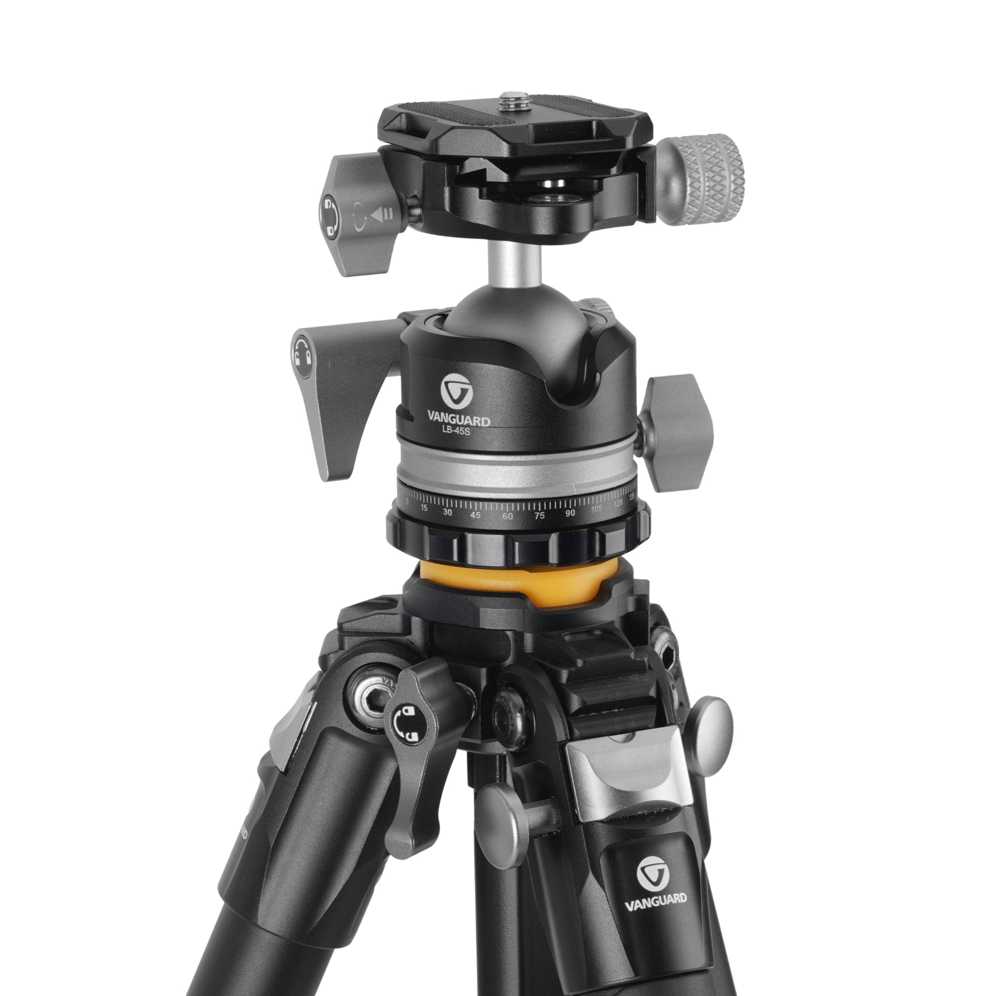 Rótula de trípode Vanguard LB-45S negro y gris con perillas y escala.