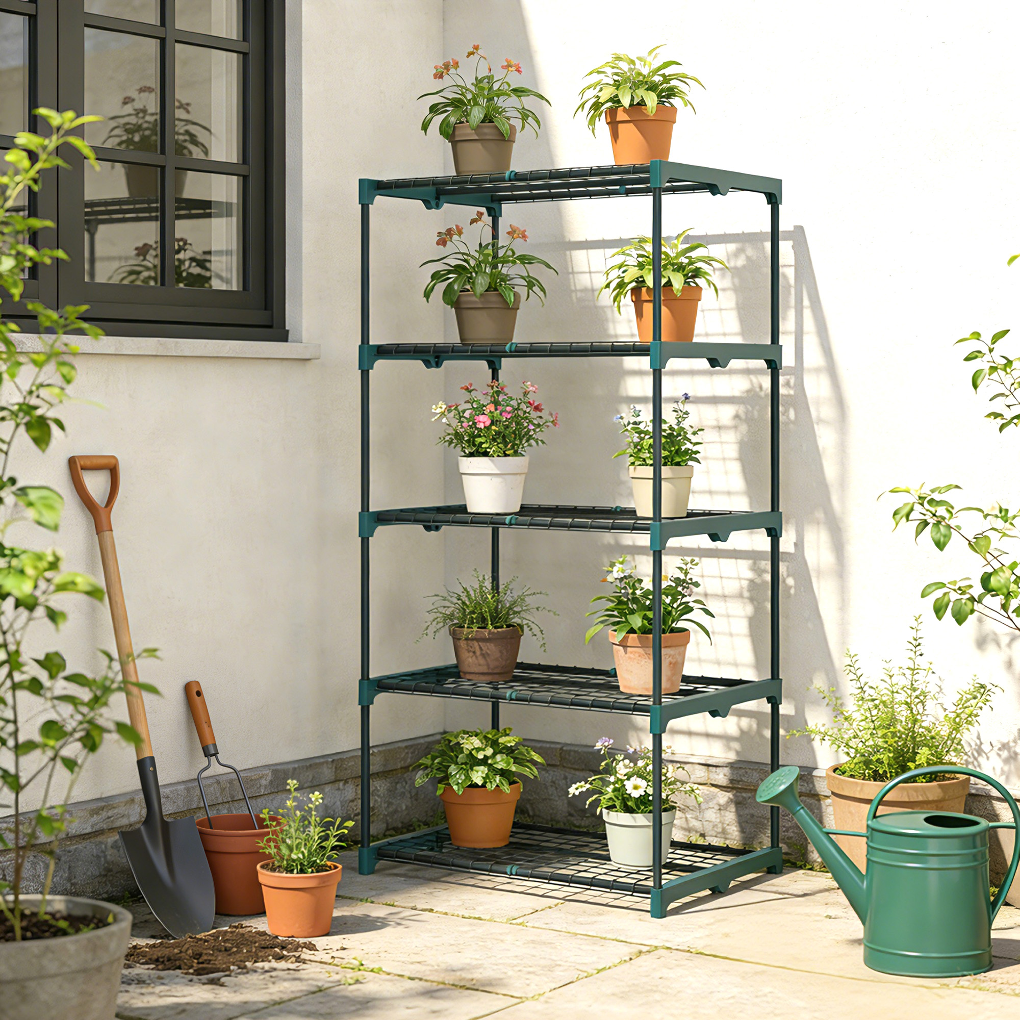 Scaffale per piante a più livelli con attrezzi da giardinaggio su un patio pavimentato.