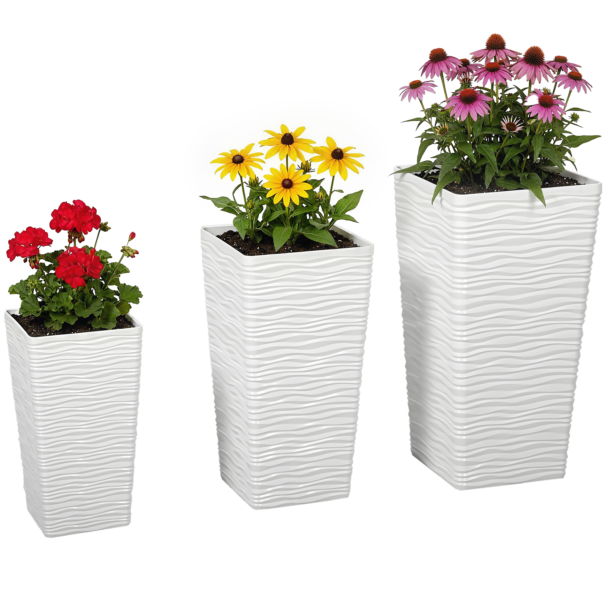 Tre fioriere bianche ondulate con fiori rossi, gialli e viola.