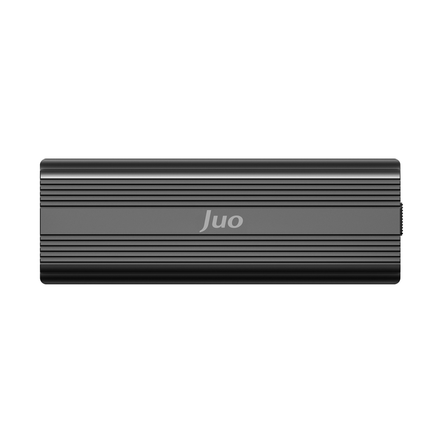 Yivli tasarımlı gri harici sabit disk kasası ve "Juo" logosu.