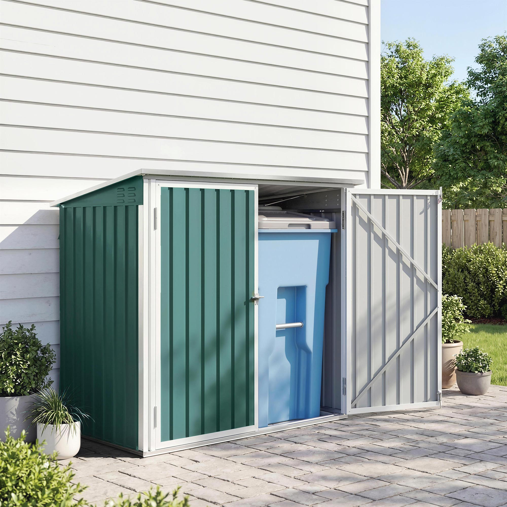 Capanno verde con porte aperte, contenente un bidone della spazzatura blu.