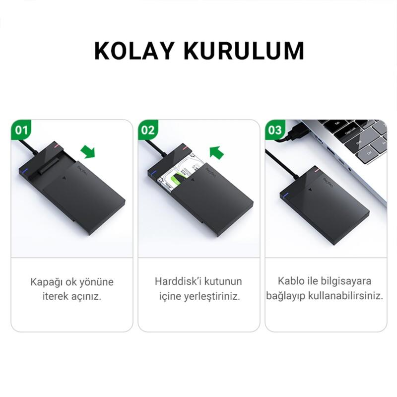 Kurulumu ve bağlantısı gösterilen siyah harici sabit disk kutusu.