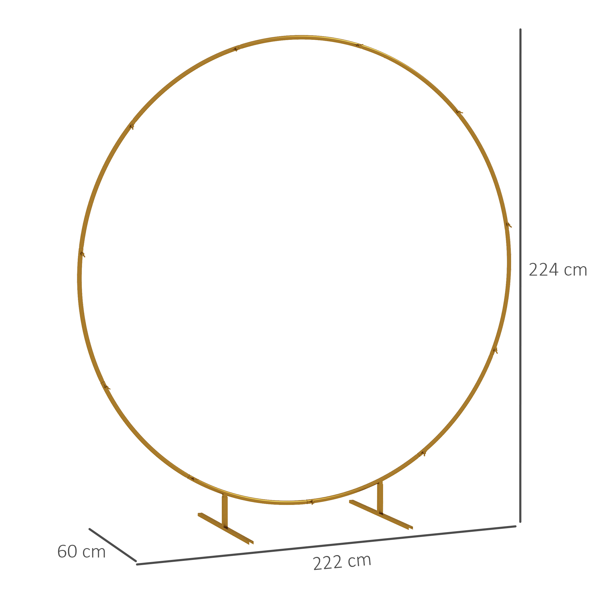 Un arco circolare dorato su due supporti, alto 224 cm e largo 222 cm.