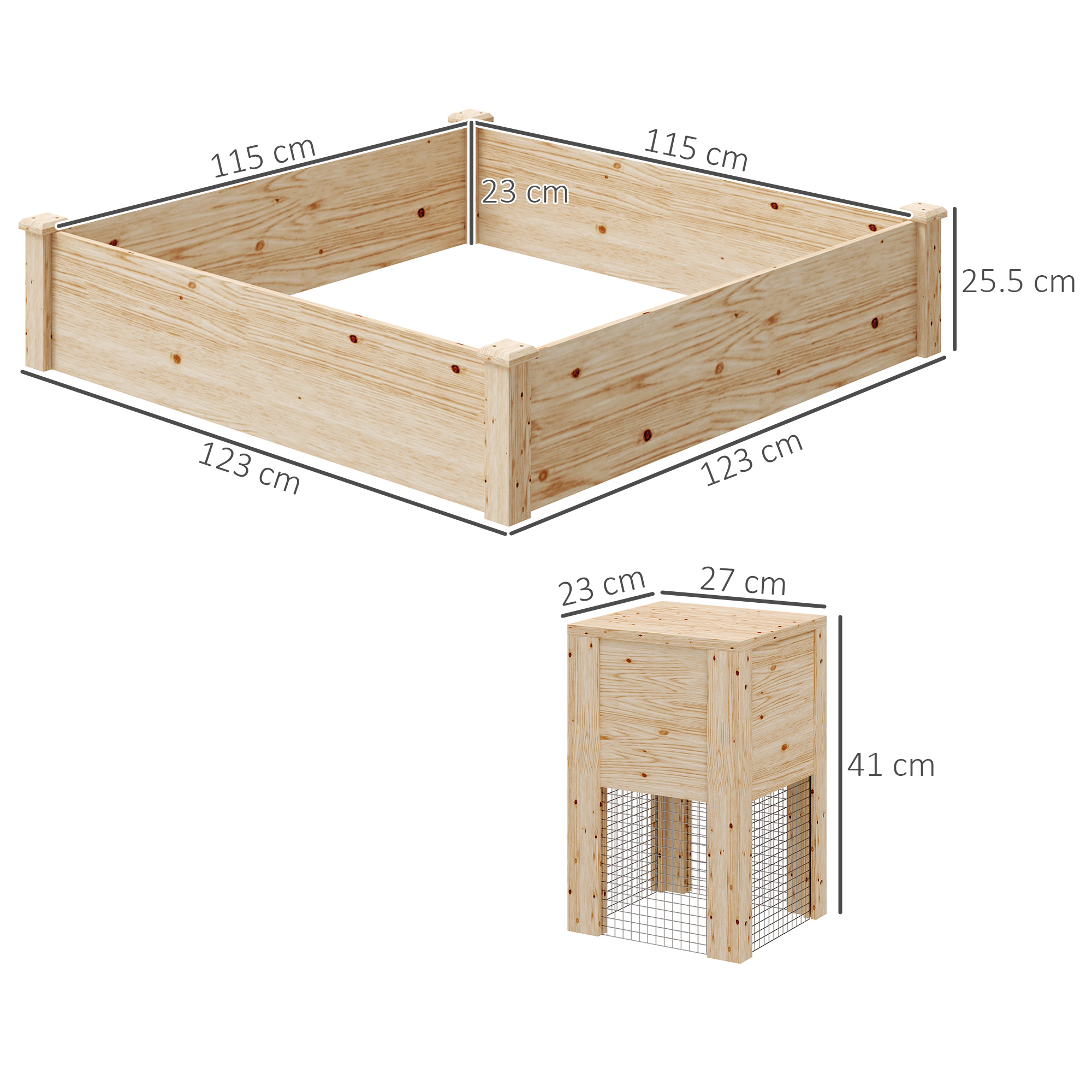 Un kit di aiuola rialzata in legno e un piccolo cubo di legno con rete metallica.