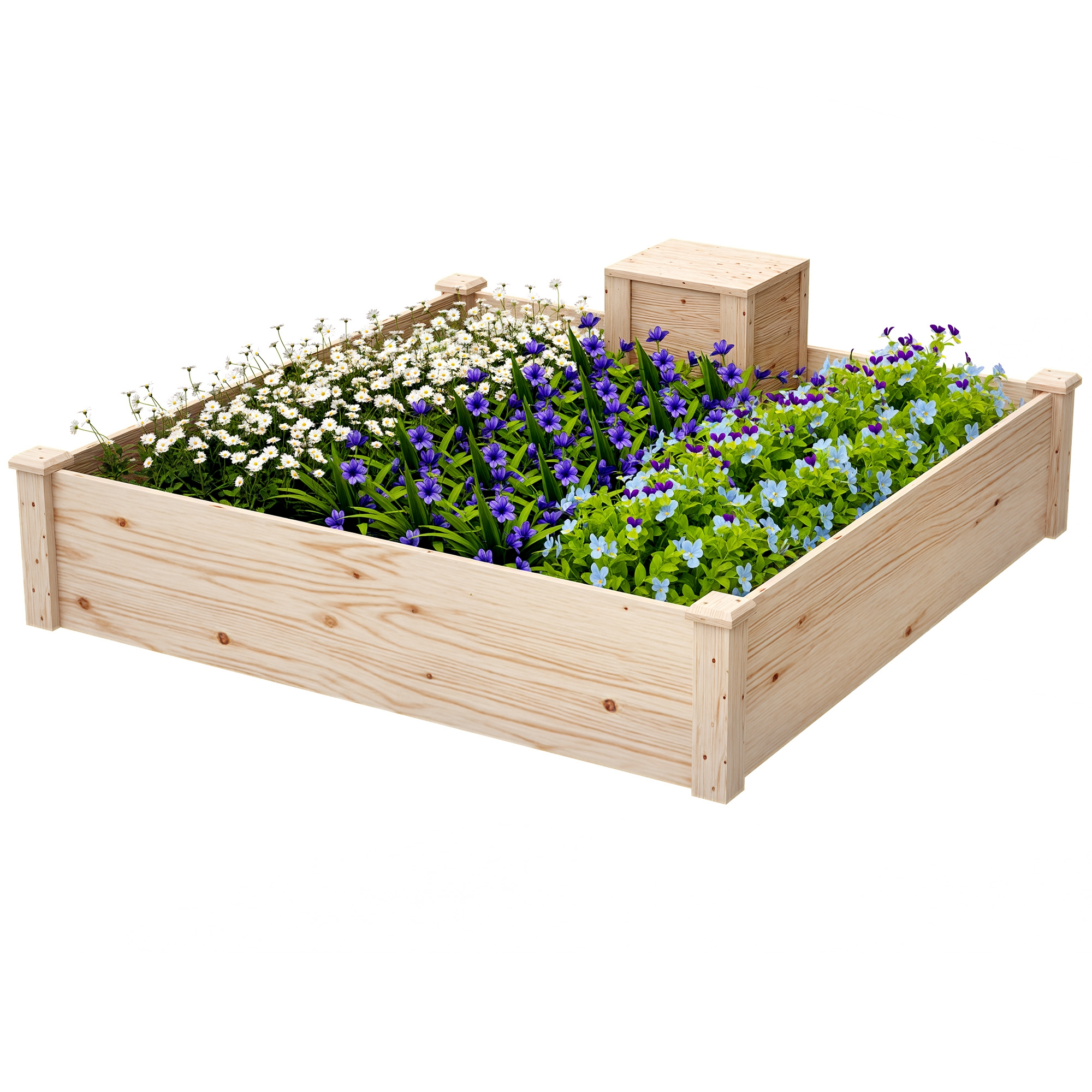 Fioriera in legno piena di fiori bianchi, viola e blu, e una piccola scatola di legno.