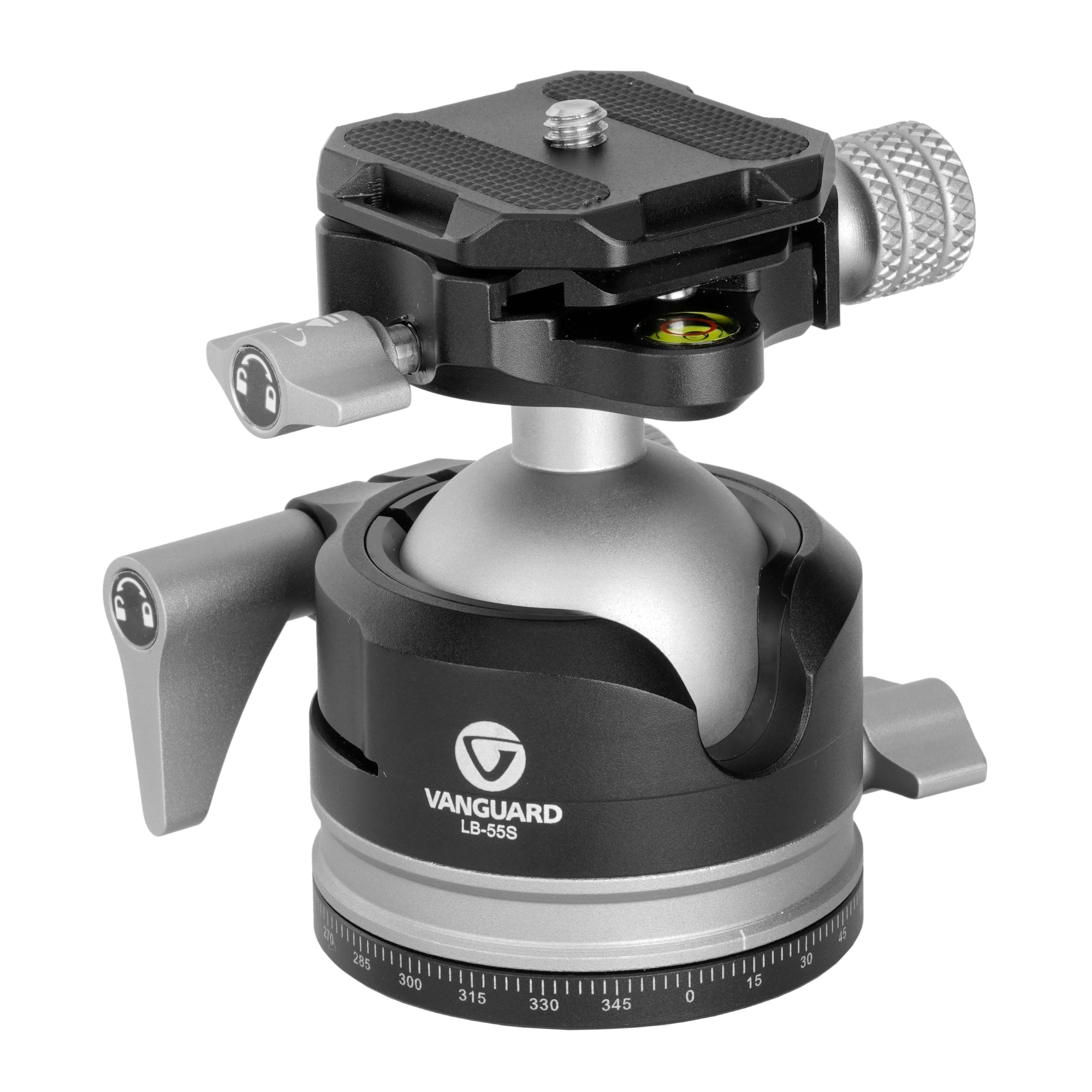 Un cabezal de bola Vanguard LB-55S negro y plateado para cámaras sobre fondo blanco.