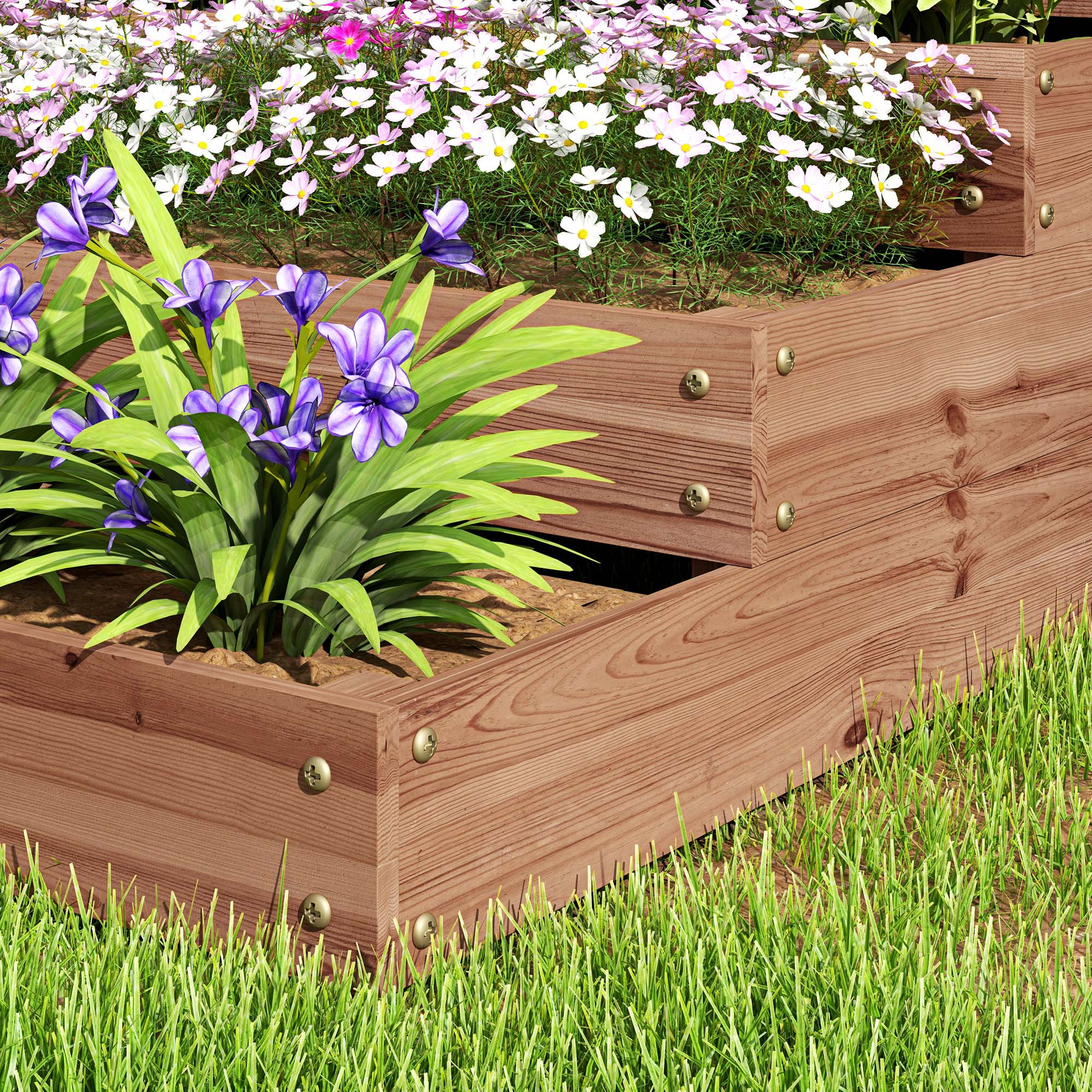 Una fioriera in legno a più livelli con fiori viola e bianchi e erba verde.
