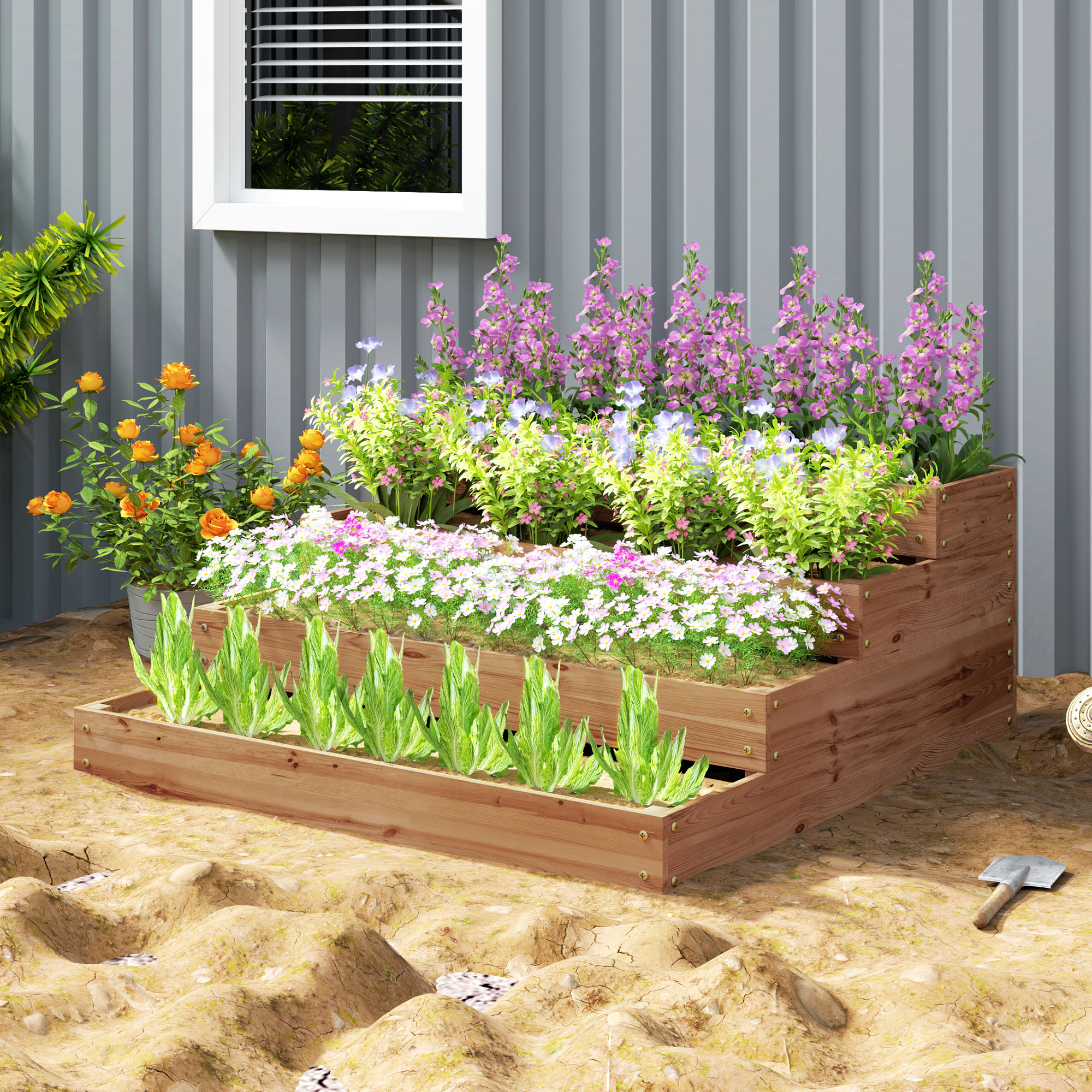 Una fioriera in legno a più livelli con fiori e piante colorate contro un muro grigio.