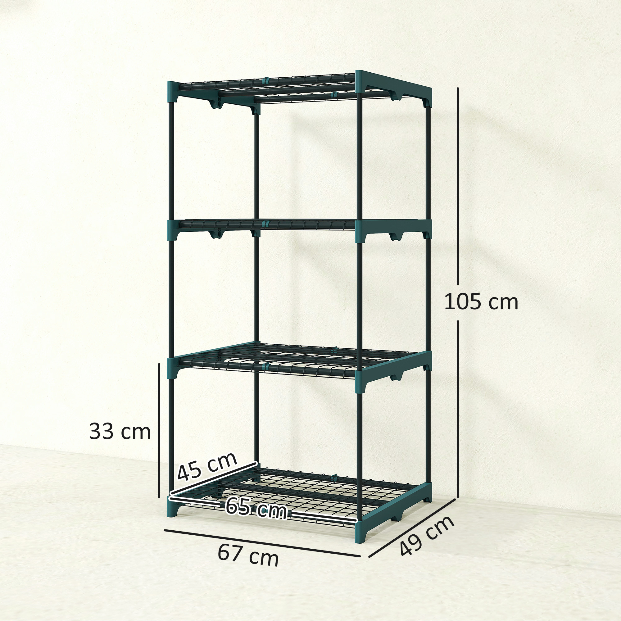 Una scaffalatura verde scuro a quattro livelli, alta 105 cm, contro un muro color crema.