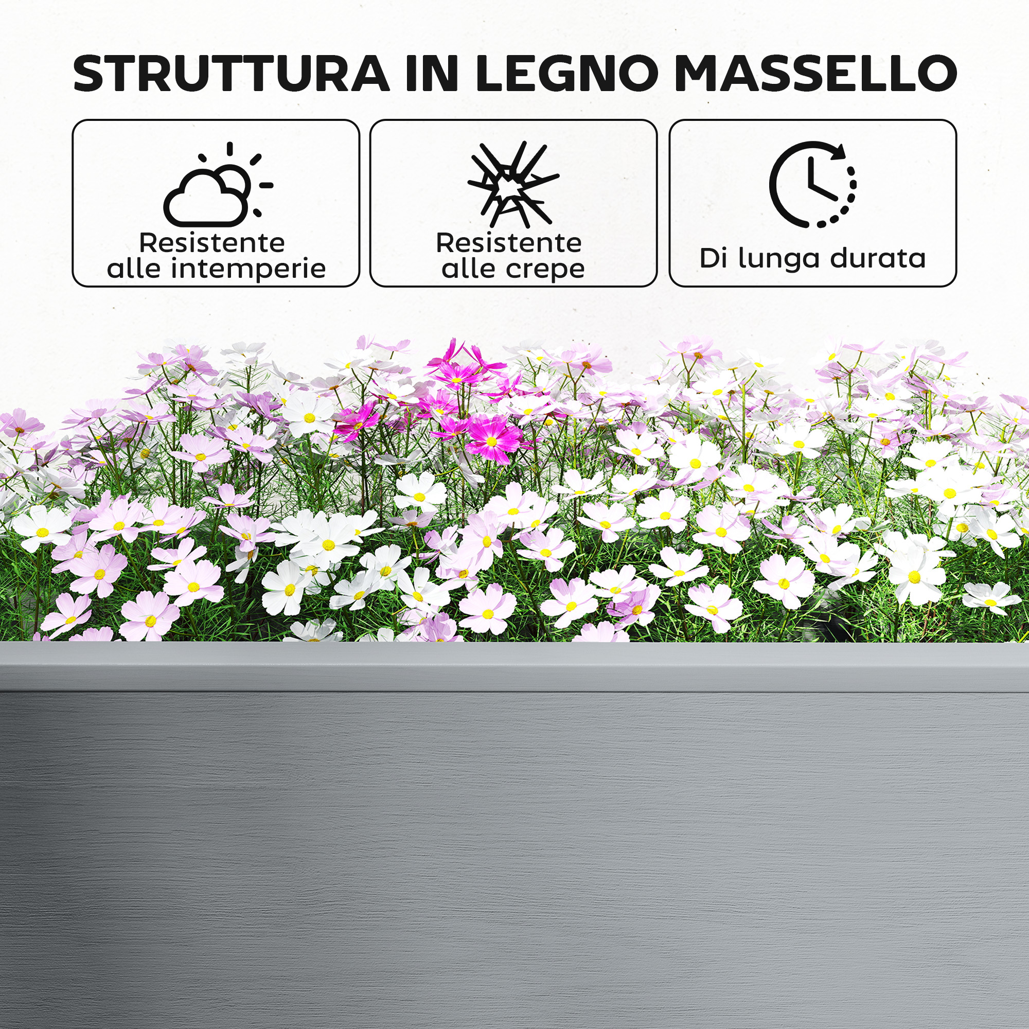 Struttura in legno massello con fiori: resistente, durevole.