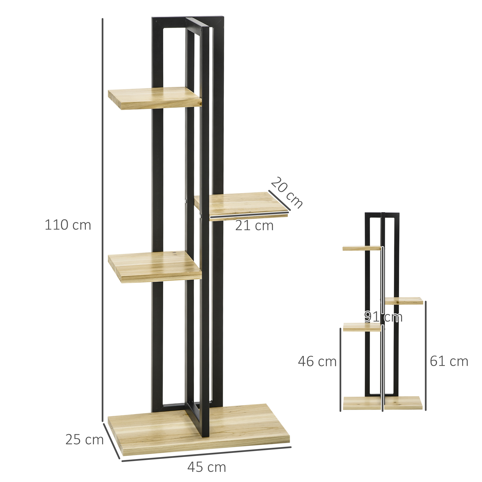 Un'unità scaffale alta con telaio nero e tre ripiani in legno. Dimensioni mostrate.