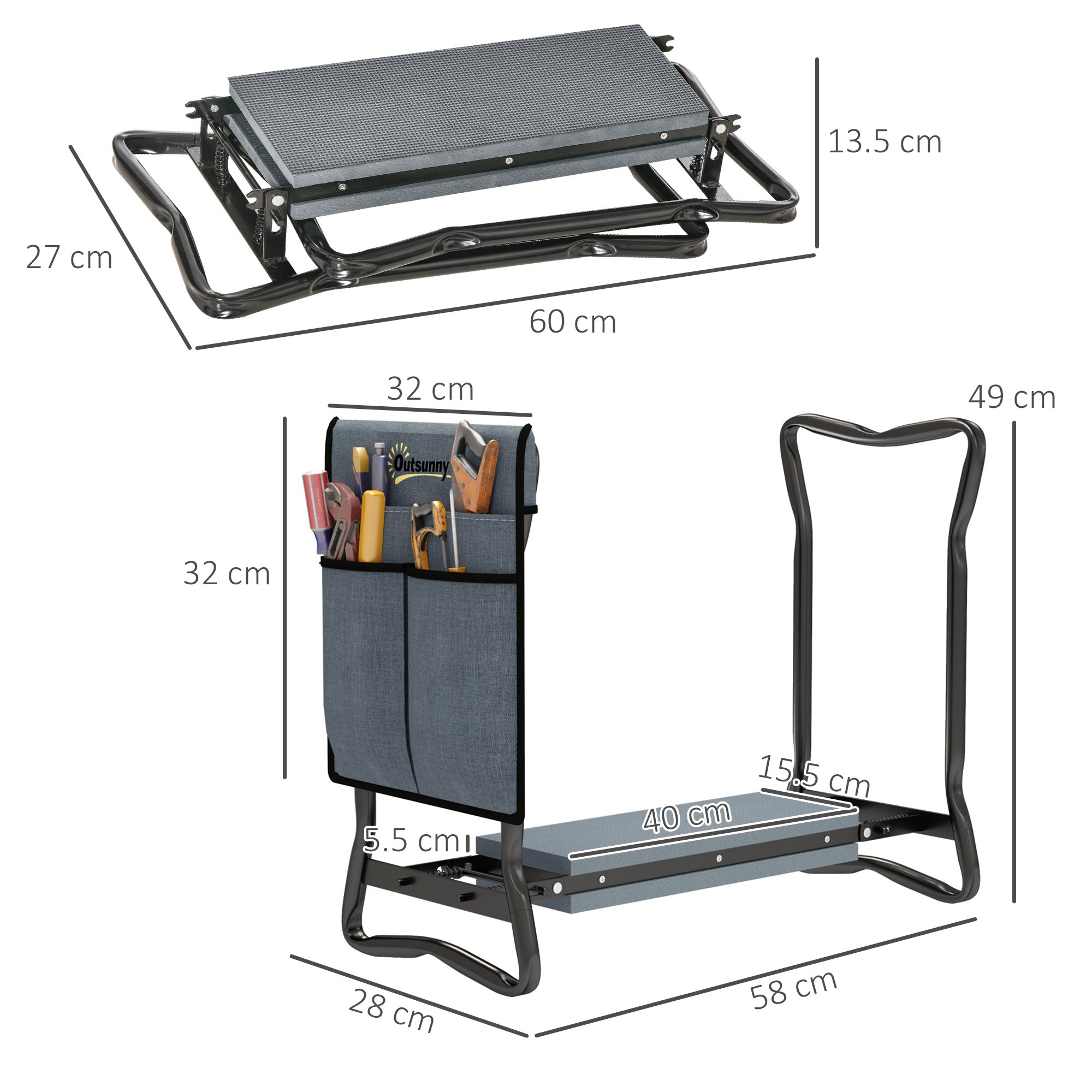 Sgabello da giardino con borsa porta attrezzi. Dimensioni: 60x27x13,5cm e 58x49x32cm.