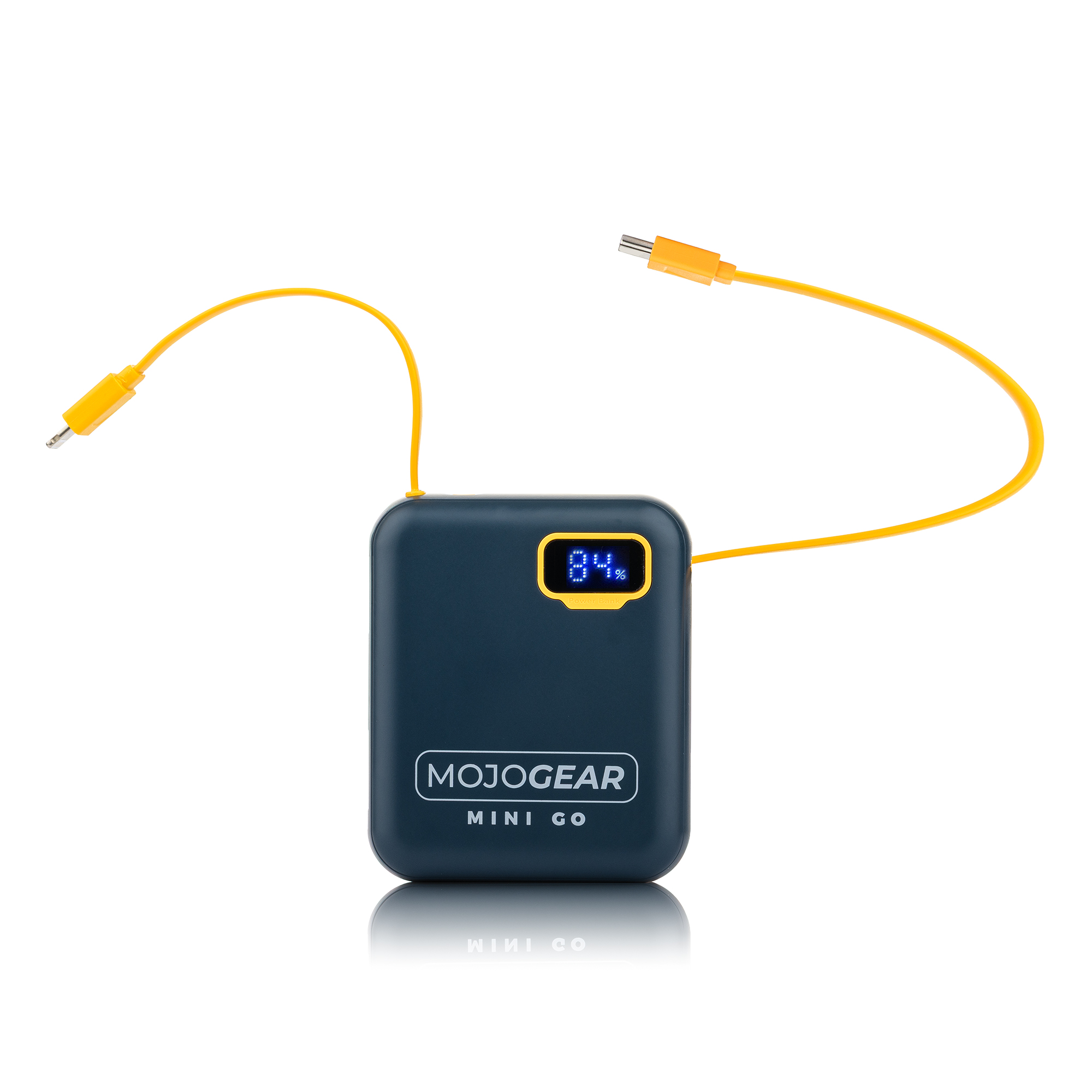 A dark blue MOJOGEAR MINI GO power bank with yellow cables and 84% charge.