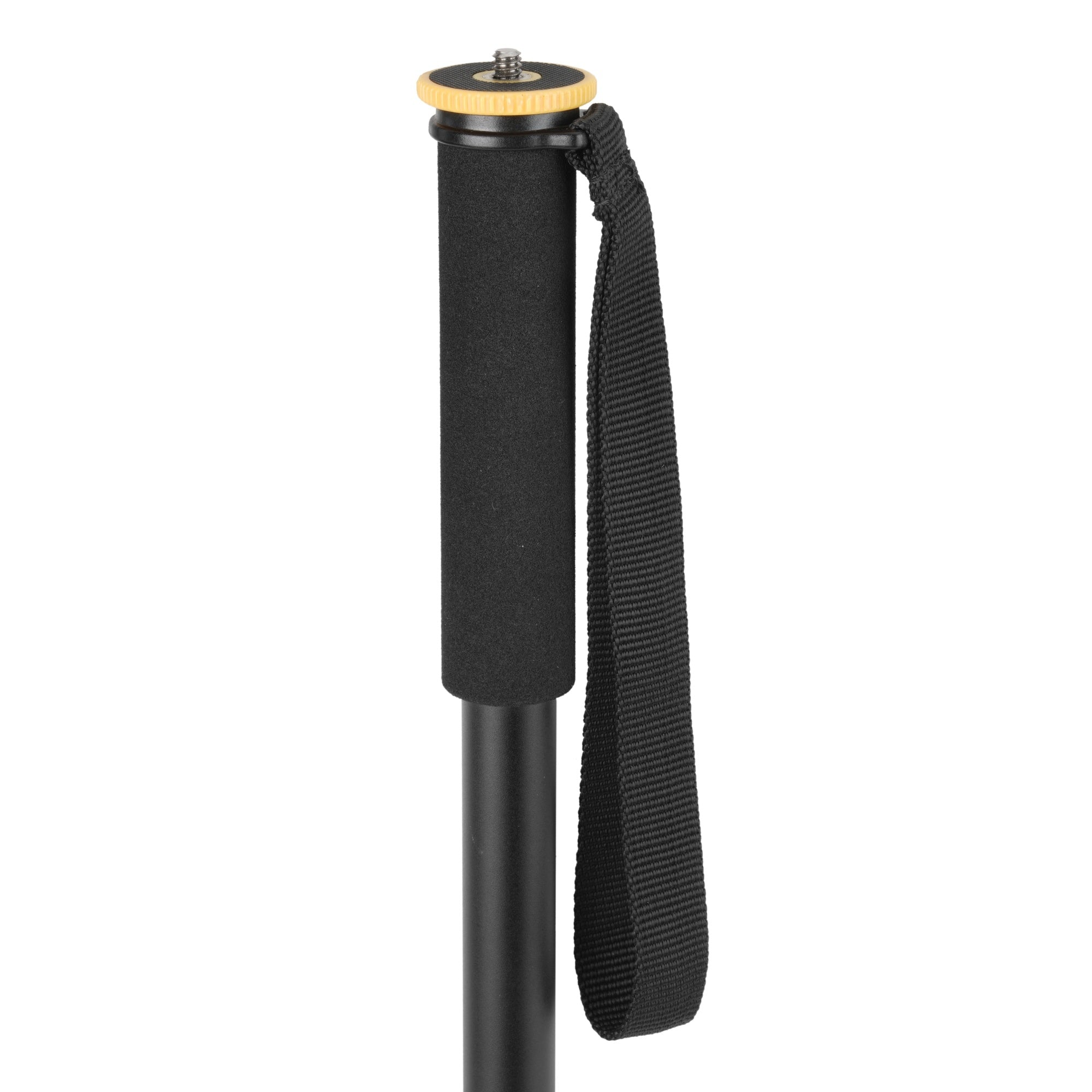 Un mango negro para trípode de cámara con un dial de ajuste amarillo y una correa.
