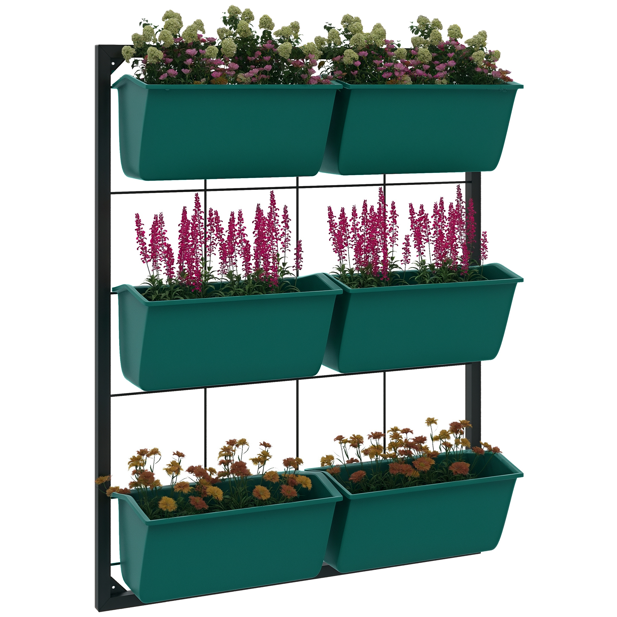 Giardino verticale con fioriere verdi e fiori colorati su una struttura nera.