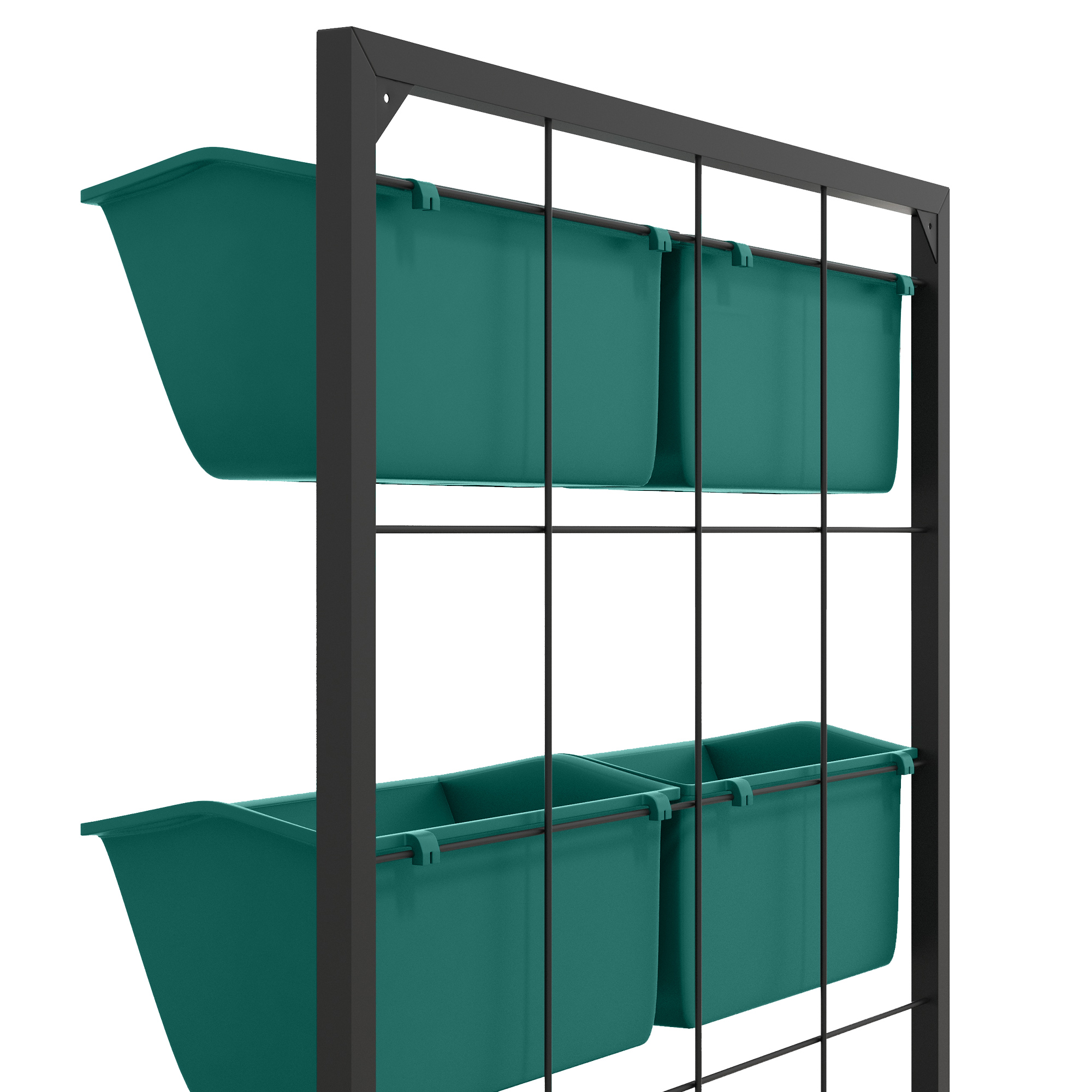 Un sistema di giardino verticale con quattro contenitori verdi su una struttura in metallo nero.