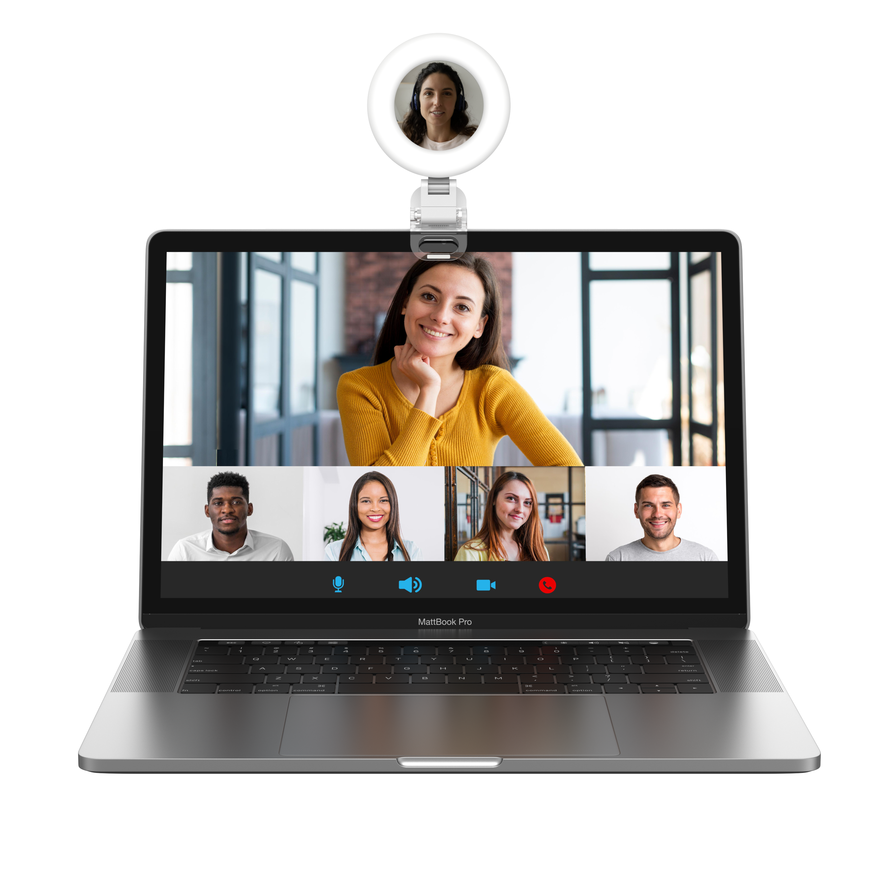 Laptop showing a video conference with 4 people and a ring light with camera.