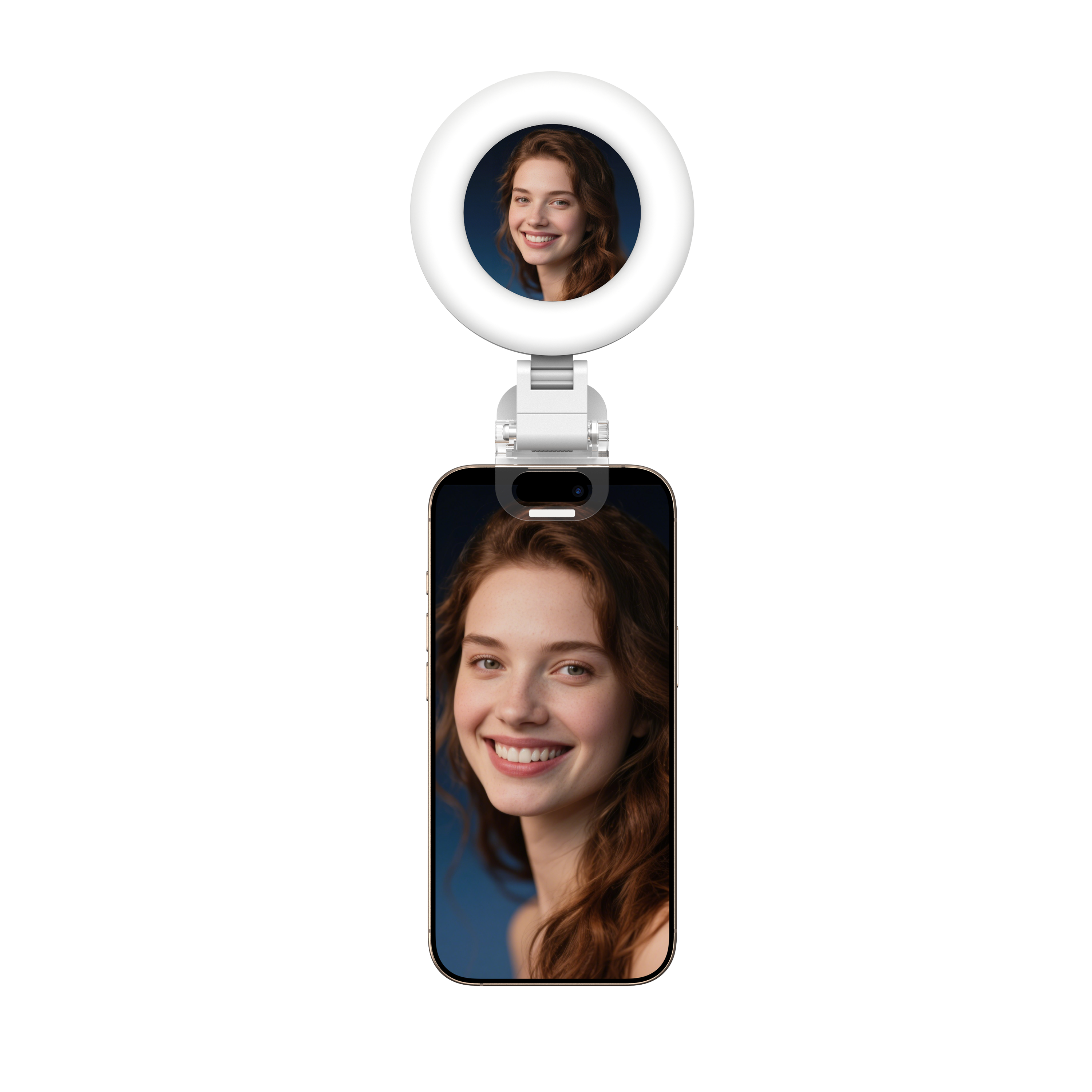 A smartphone with a ring light for selfies, showing a portrait of a smiling woman.