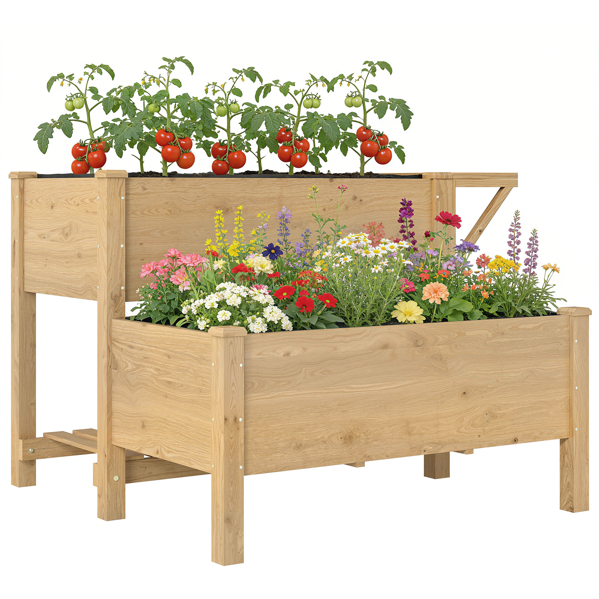 Fioriera rialzata in legno a due livelli con pomodori sopra e fiori colorati sotto.