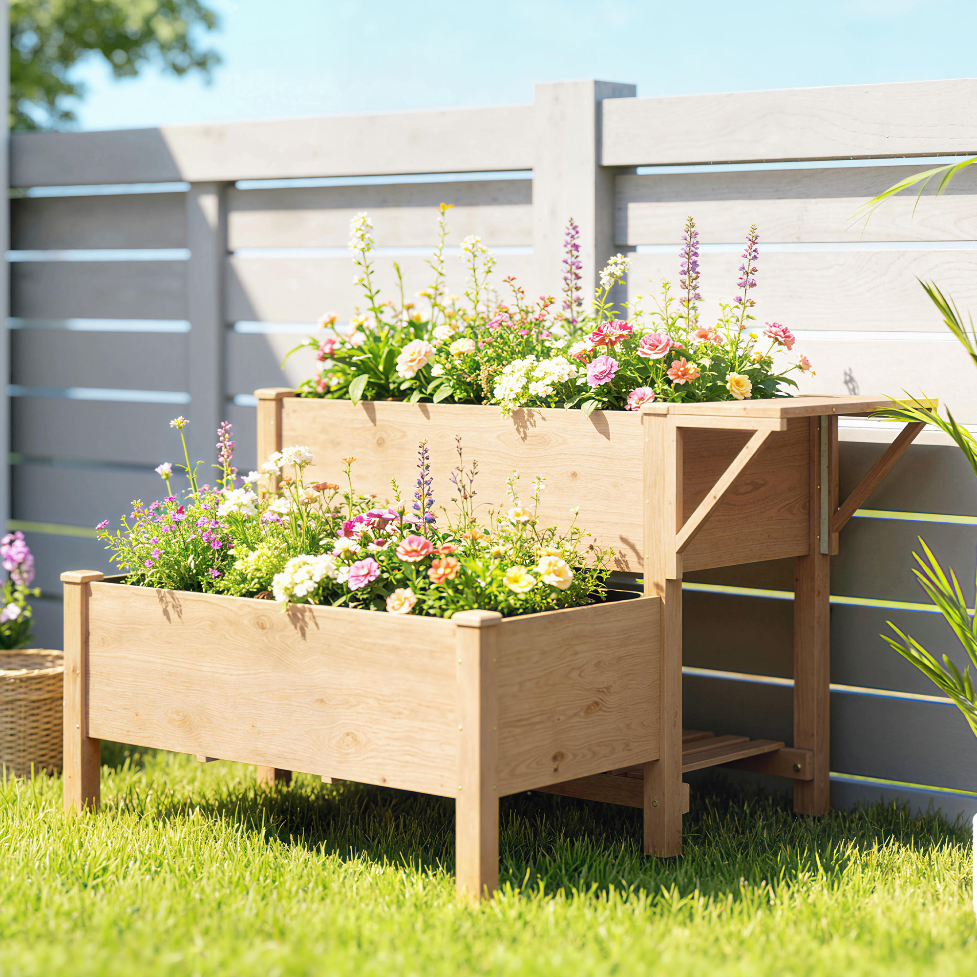 Fioriera in legno a due livelli con fiori colorati sull'erba verde davanti a una recinzione.