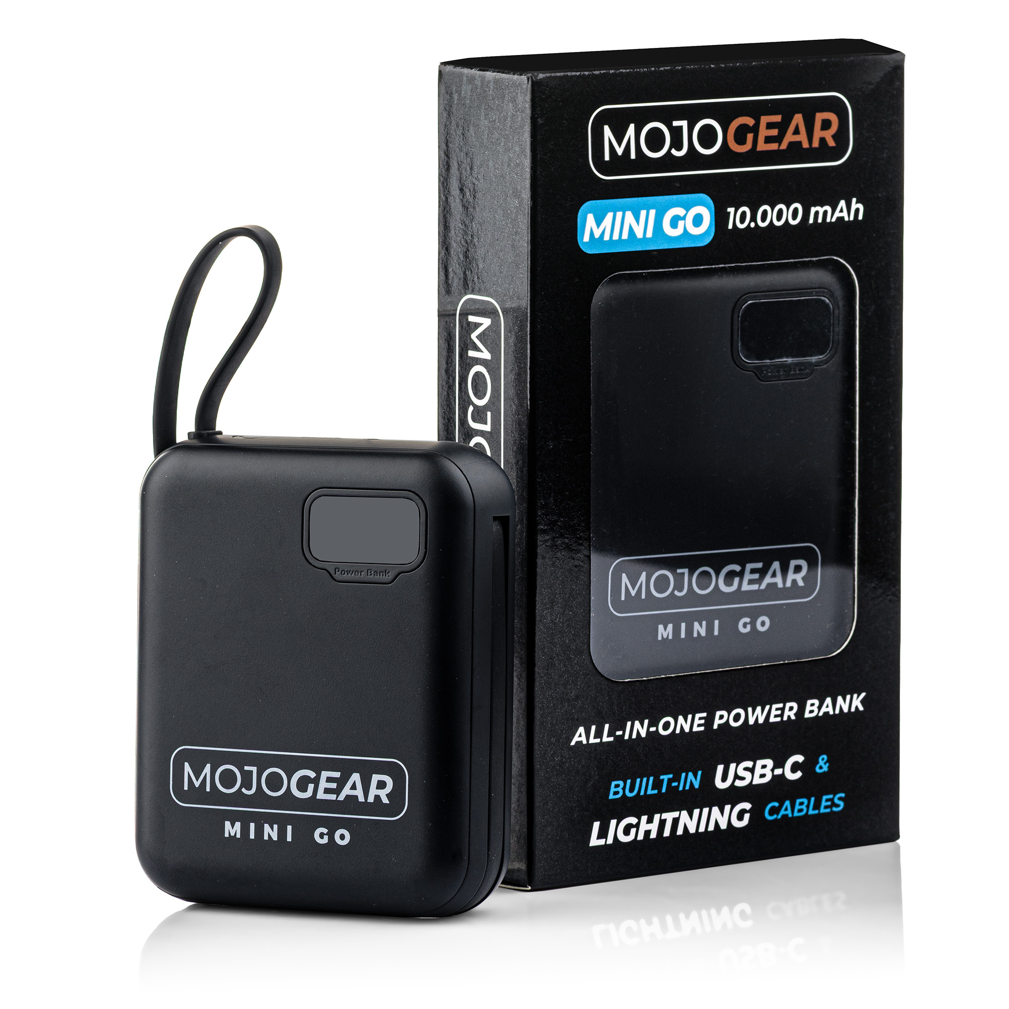 Black MOJOGEAR Mini Go 10,000 mAh power bank next to its packaging.