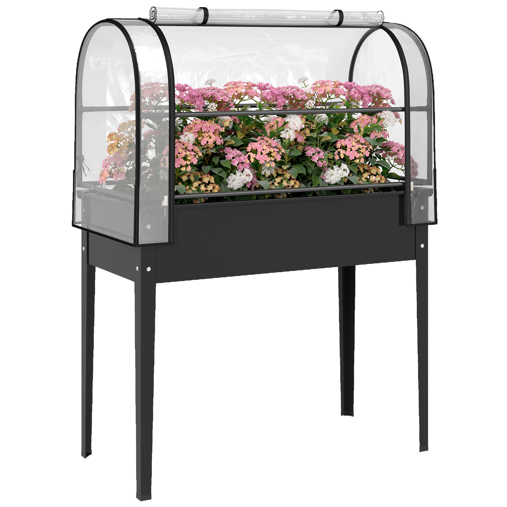 Una serra con fiori su un supporto nero.