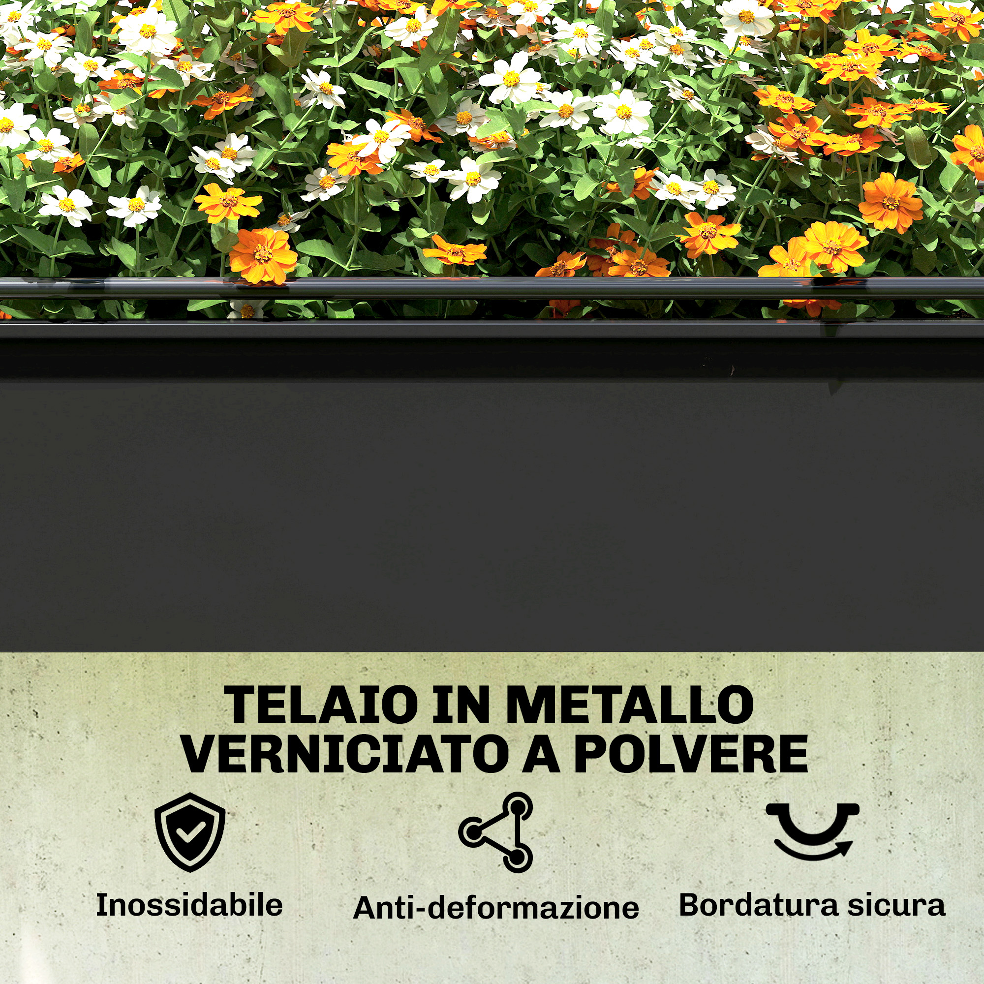 Telaio in metallo verniciato a polvere. Caratteristiche: Inossidabile, anti-deformazione, bordatura sicura.