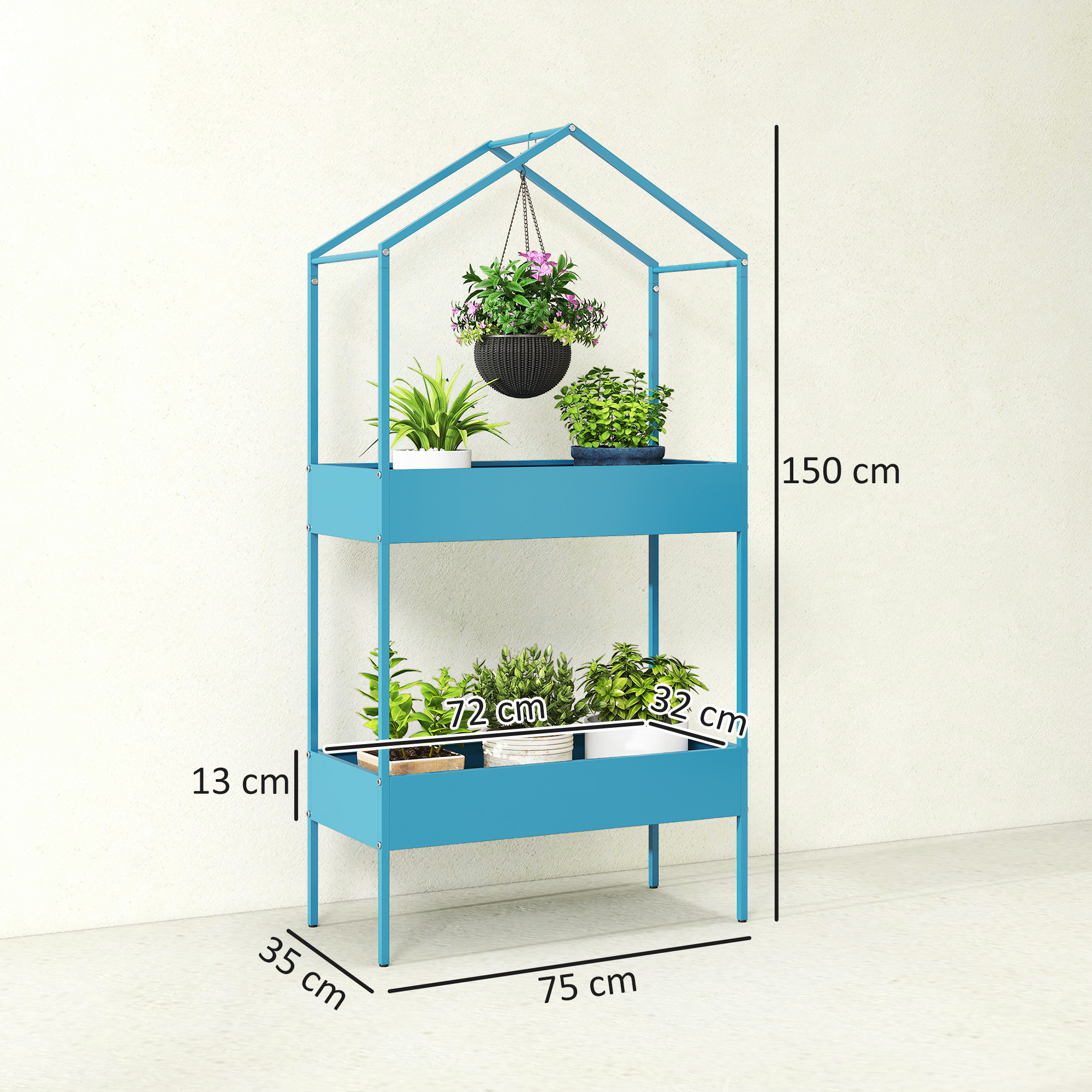Un porta piante blu a due livelli con piante. Le dimensioni sono indicate.