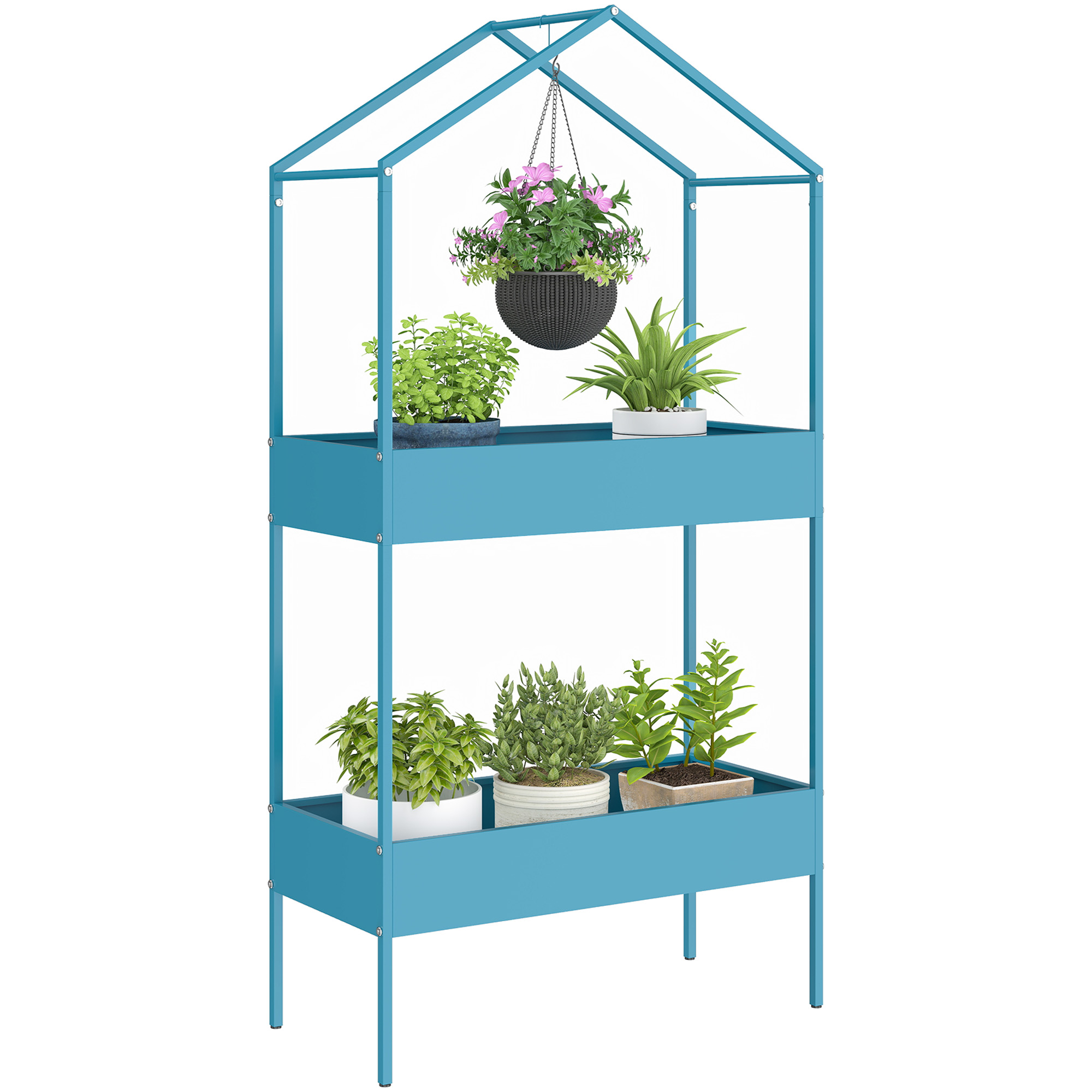 Un porta piante blu a più livelli che contiene varie piante in vaso e un cesto appeso.