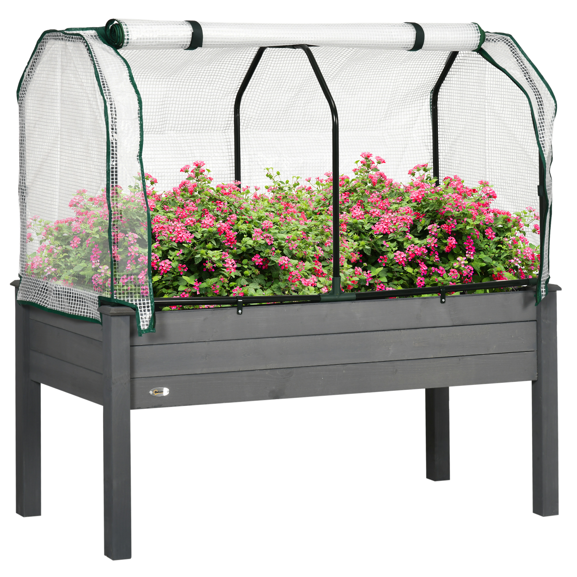 Un letto rialzato in legno scuro coperto da una serra di plastica trasparente e fiori rosa.