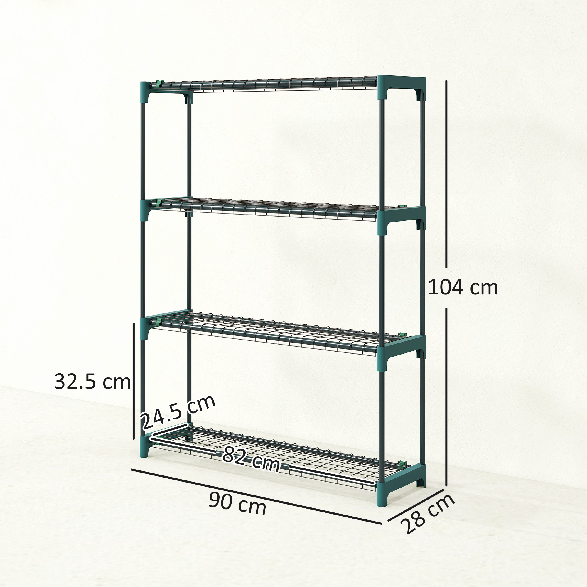 Scaffale verde a quattro ripiani in filo metallico con dimensioni.