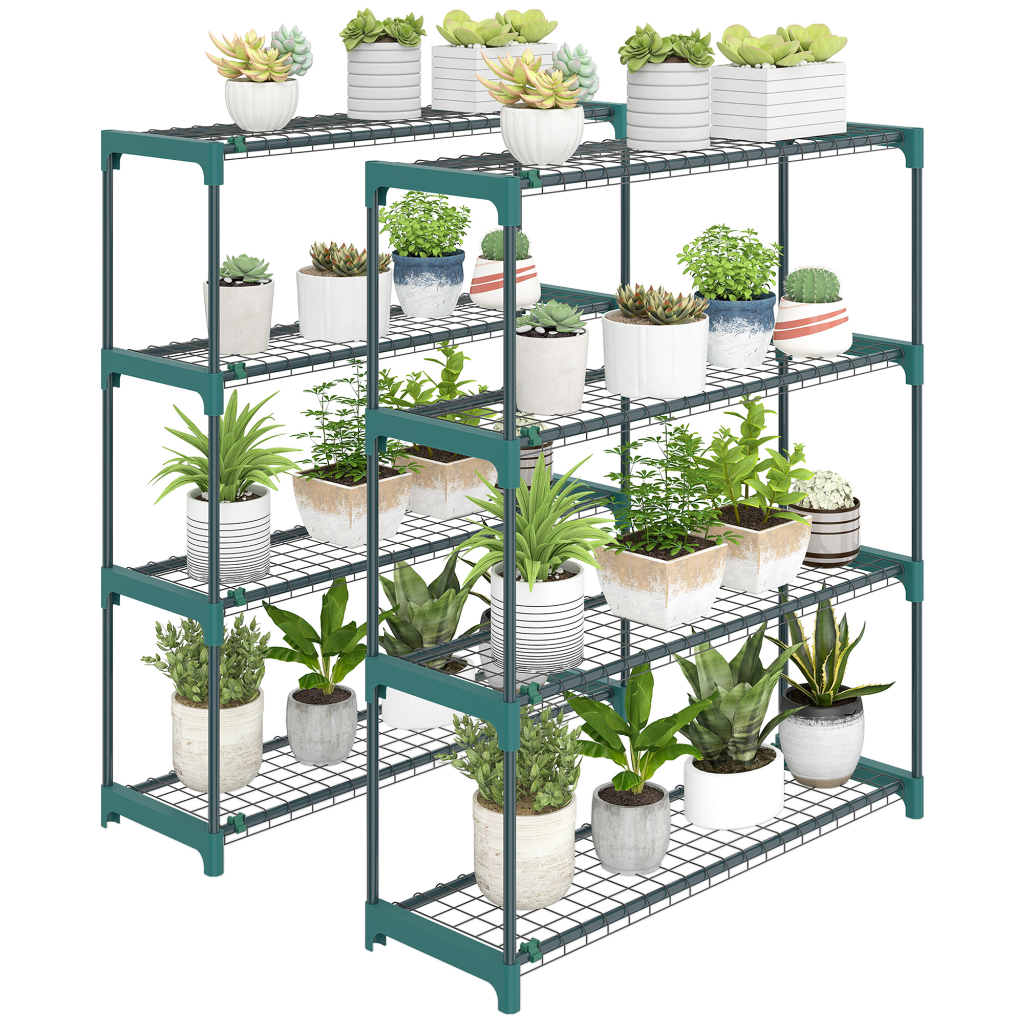 Un scaffale metallico verde scuro con numerose piante in vaso in vari contenitori.