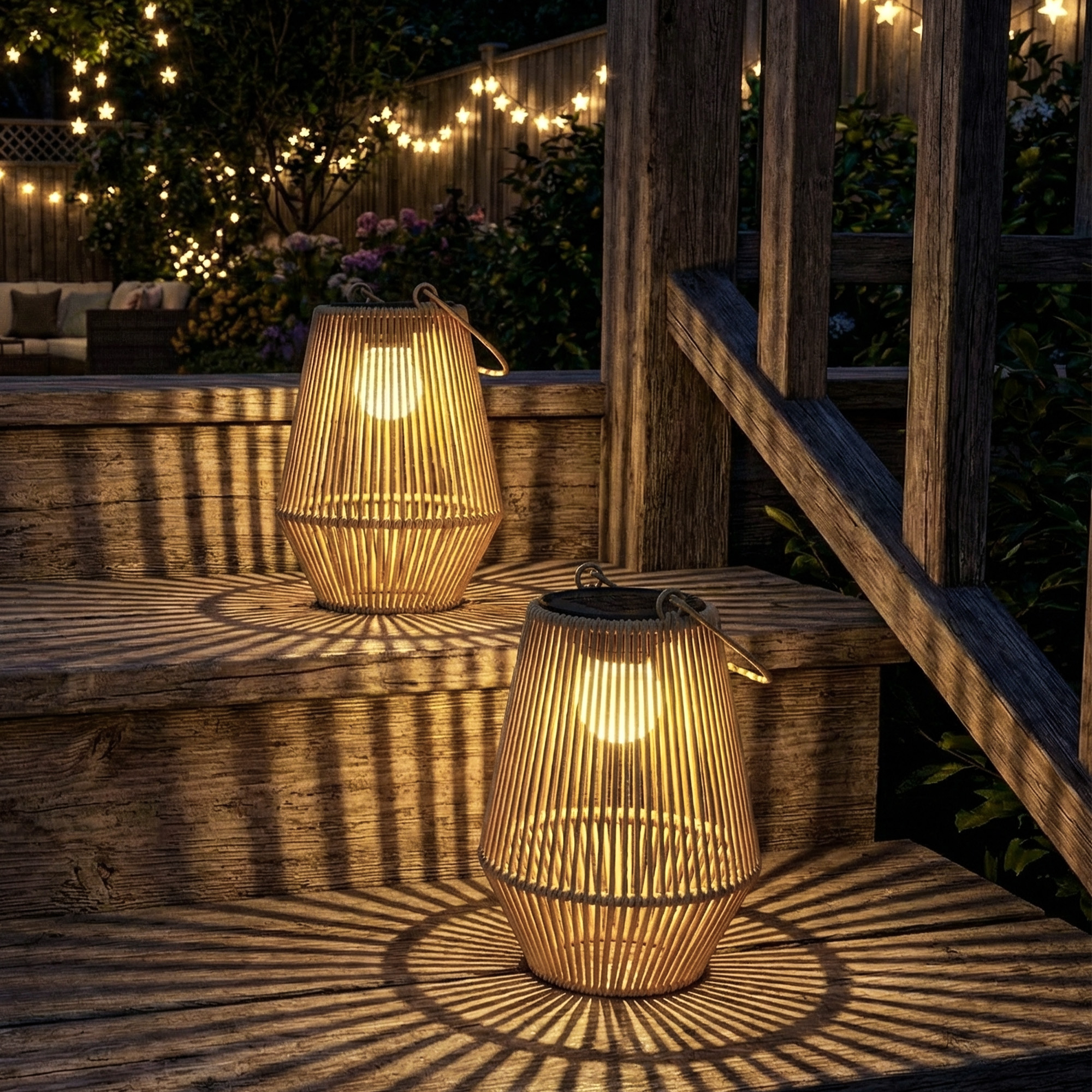Due lanterne in legno illuminate sui gradini del giardino di notte.