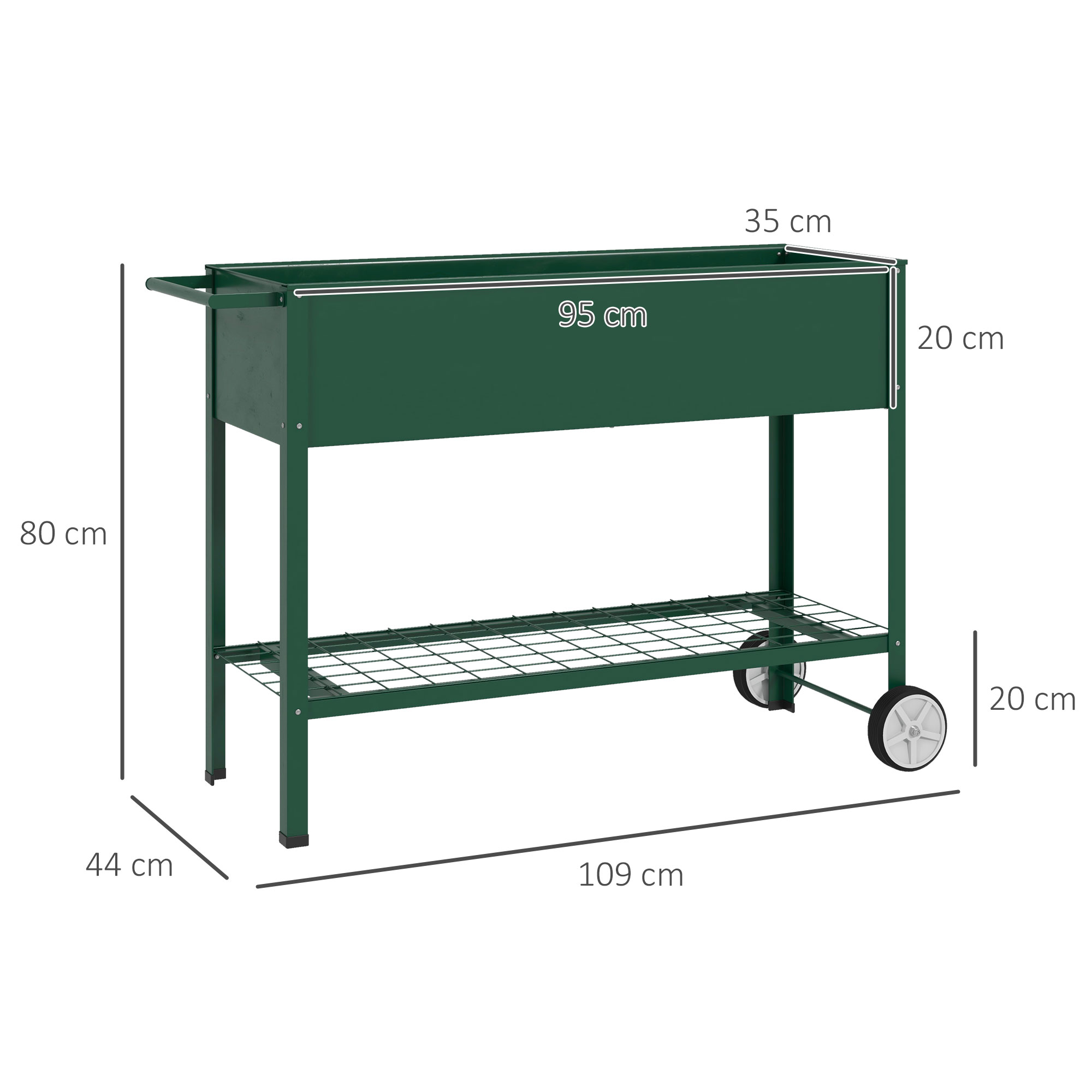 Carrello griglia verde con ripiano e ruote, con dimensioni.