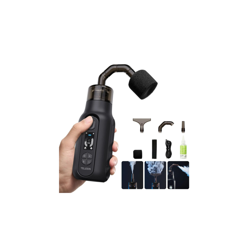A black portable fog generator with accessories and application examples.